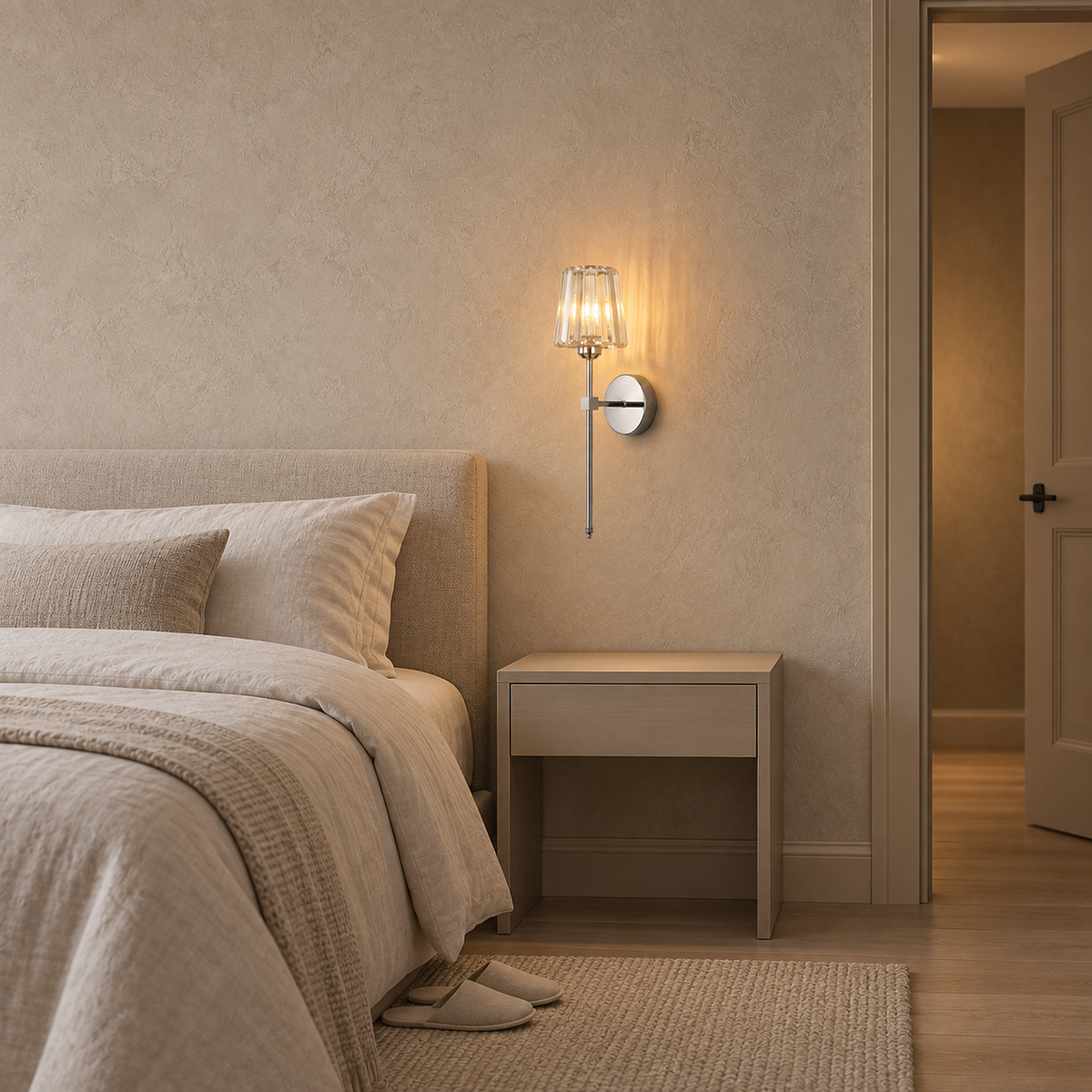 Tavirelo silver battery operated wall sconce lit above an empty bedroom nightstand