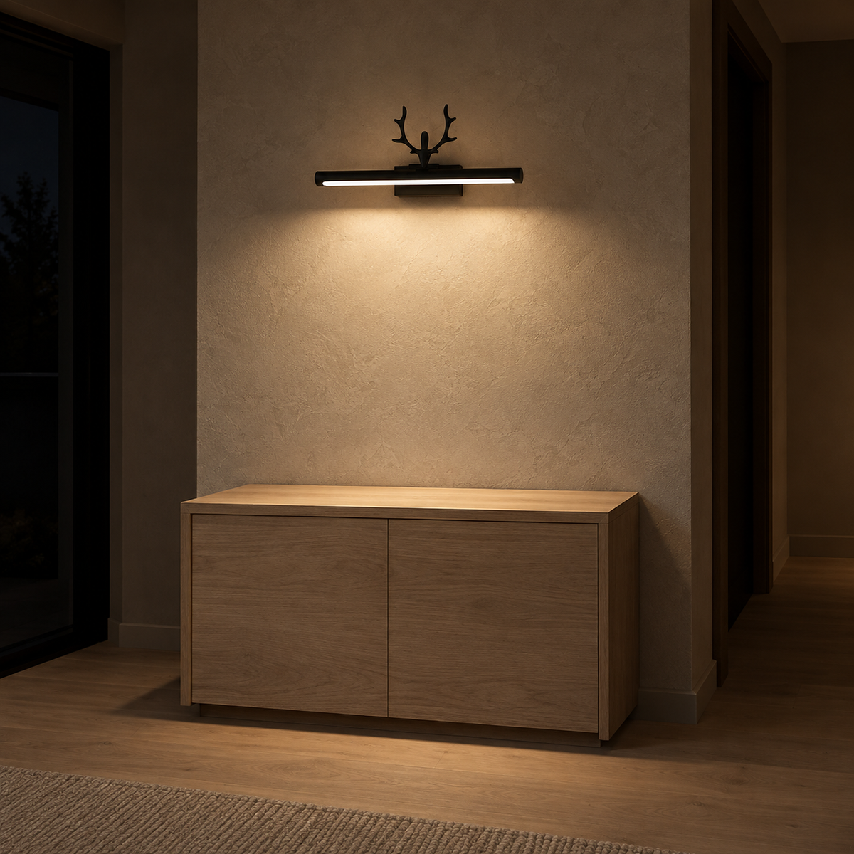 Tavorni black wall lamp lighting an empty entryway console after dark #color_black