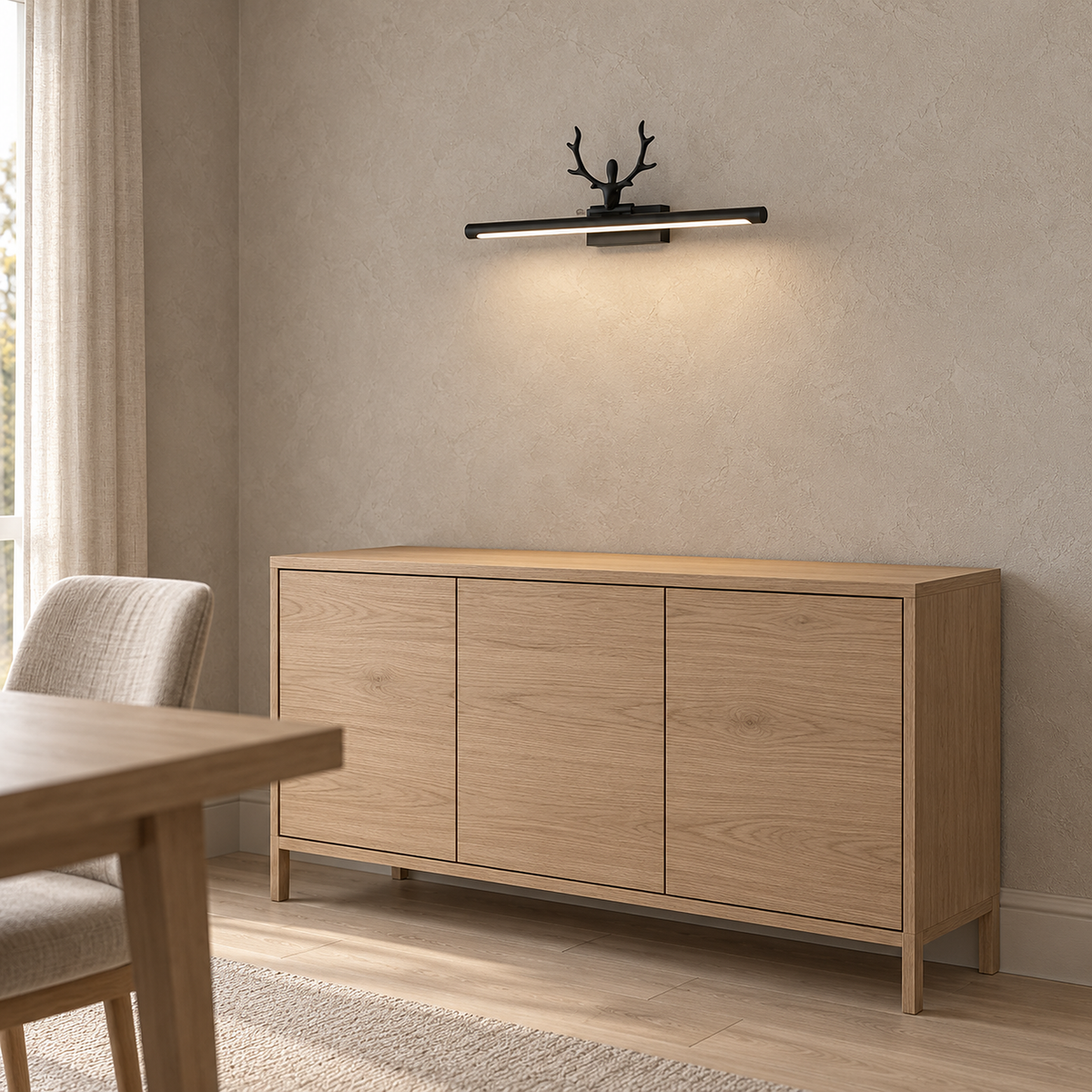 Tavorni black wall sconce lit above a dining room sideboard in daylight #color_black