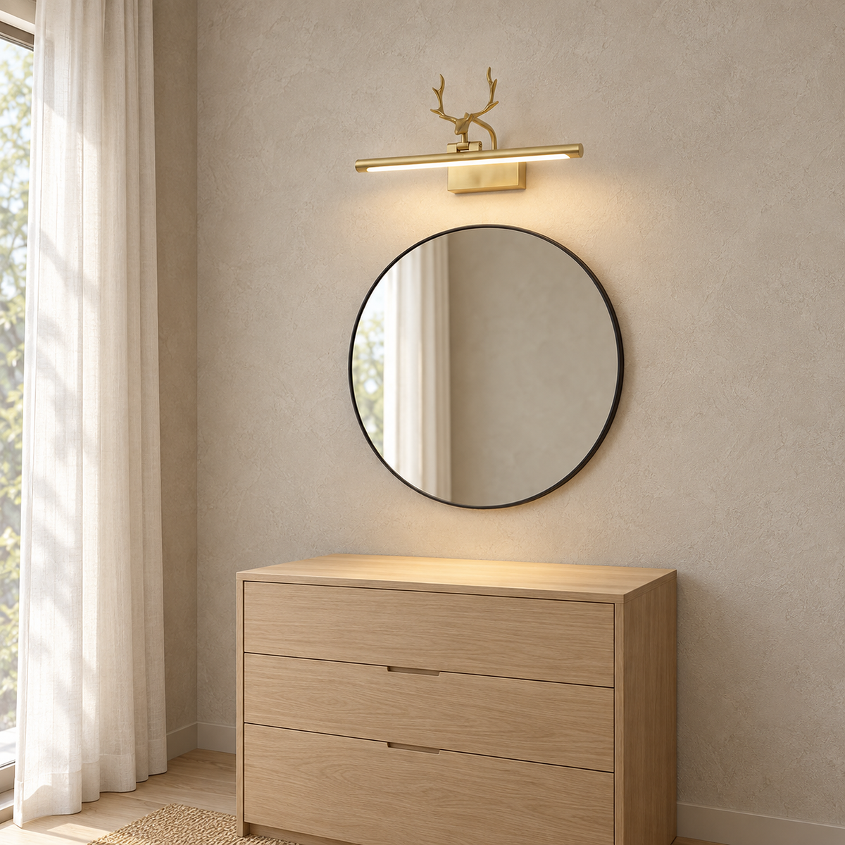 Tavorni gold bedside wall light above a small dressing mirror in warm daylight
