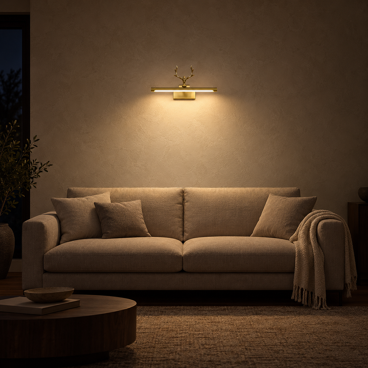 Tavorni gold plug in wall lamp casting warm light over a living room sofa