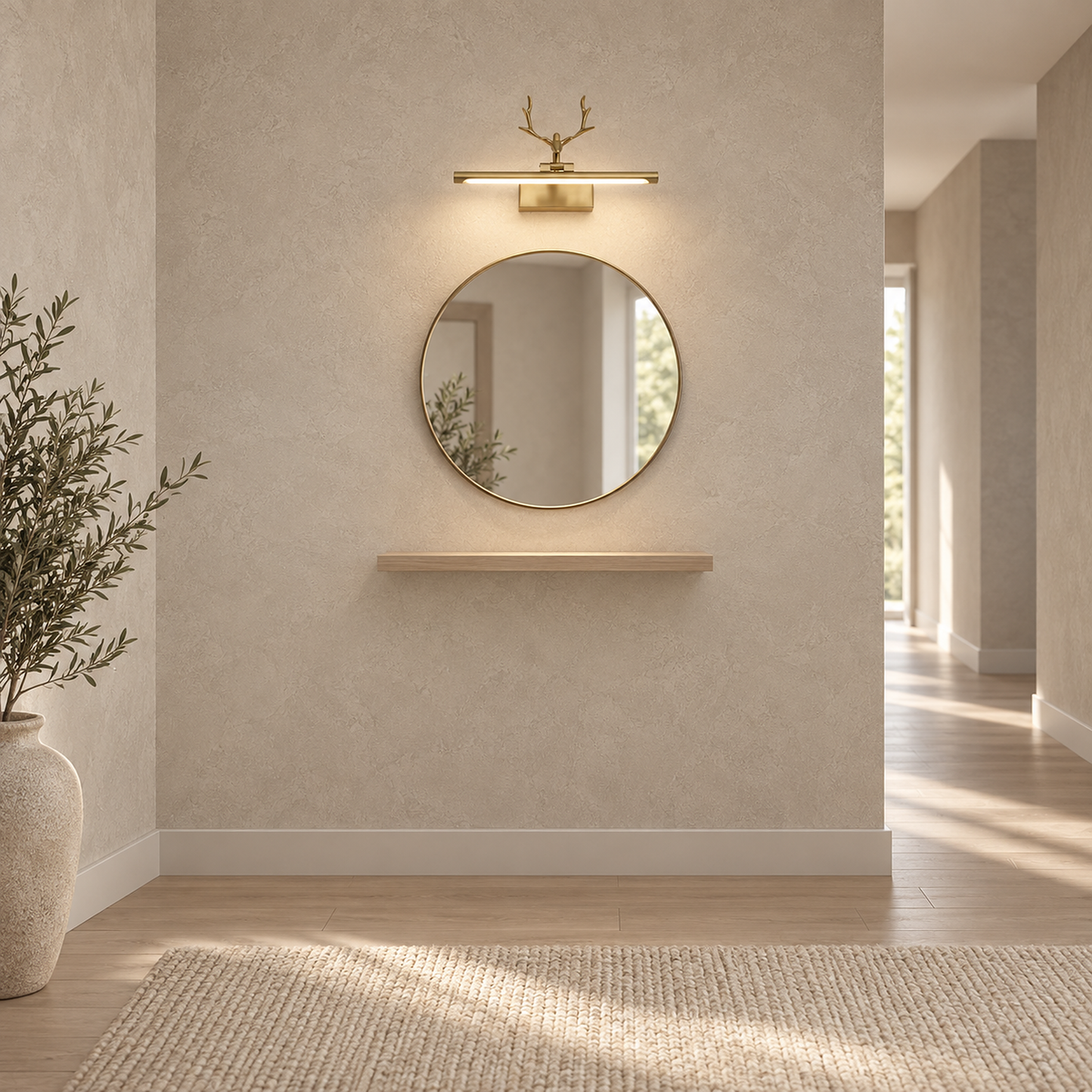 Tavorni gold plug in wall light above a narrow hallway mirror in daylight