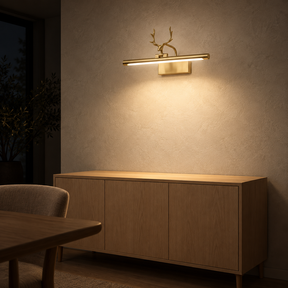 Tavorni gold led wall sconce lighting a dining room sideboard at night