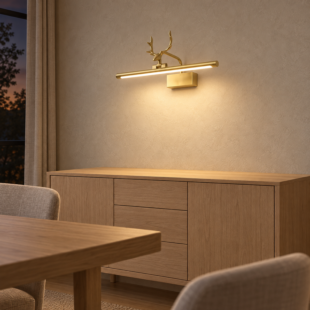 Tavorni gold wall light showing the continuous illuminated underside of its LED bar