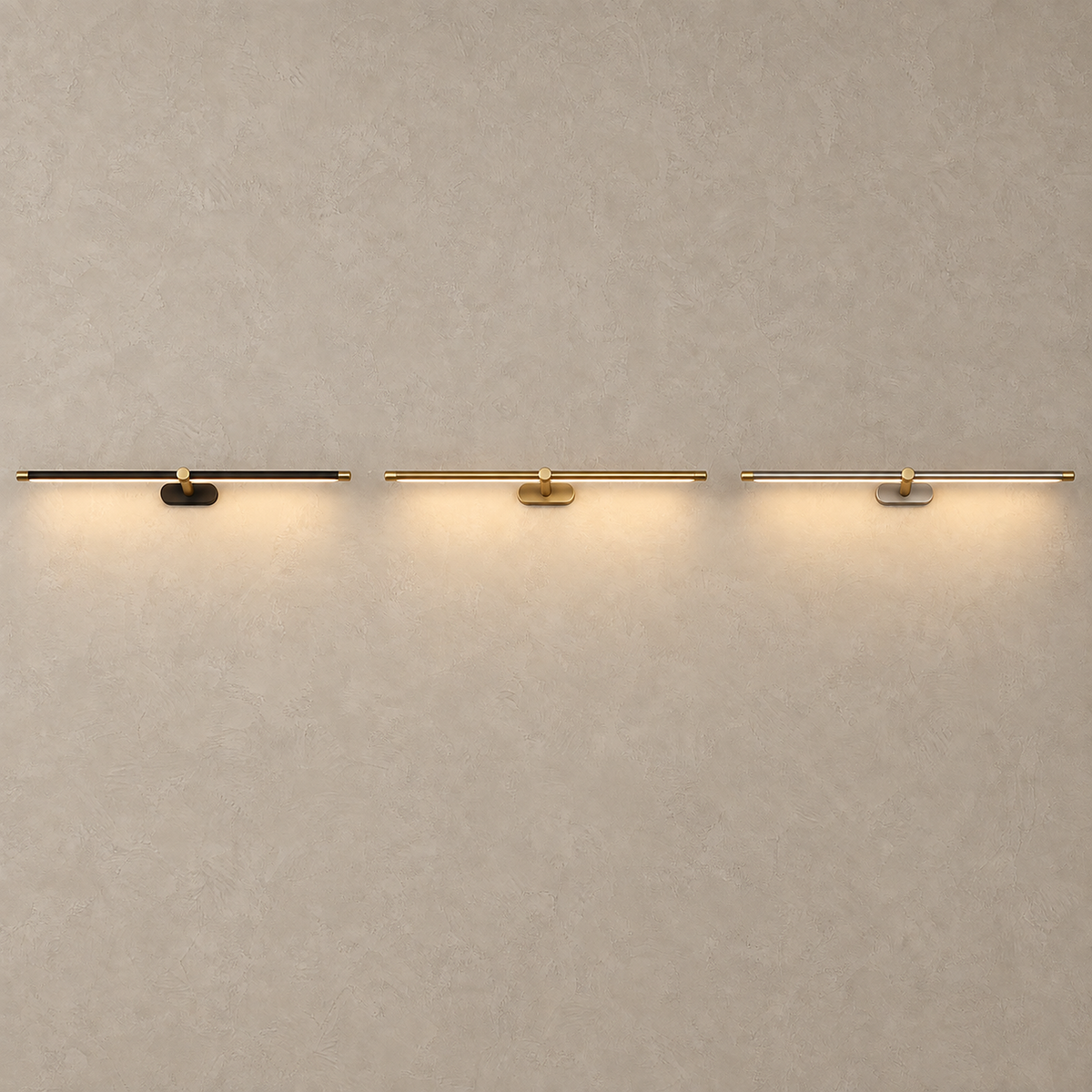 Telavvo black & gold, gold, nickel & gold battery operated wall sconce finishes illuminated side by side