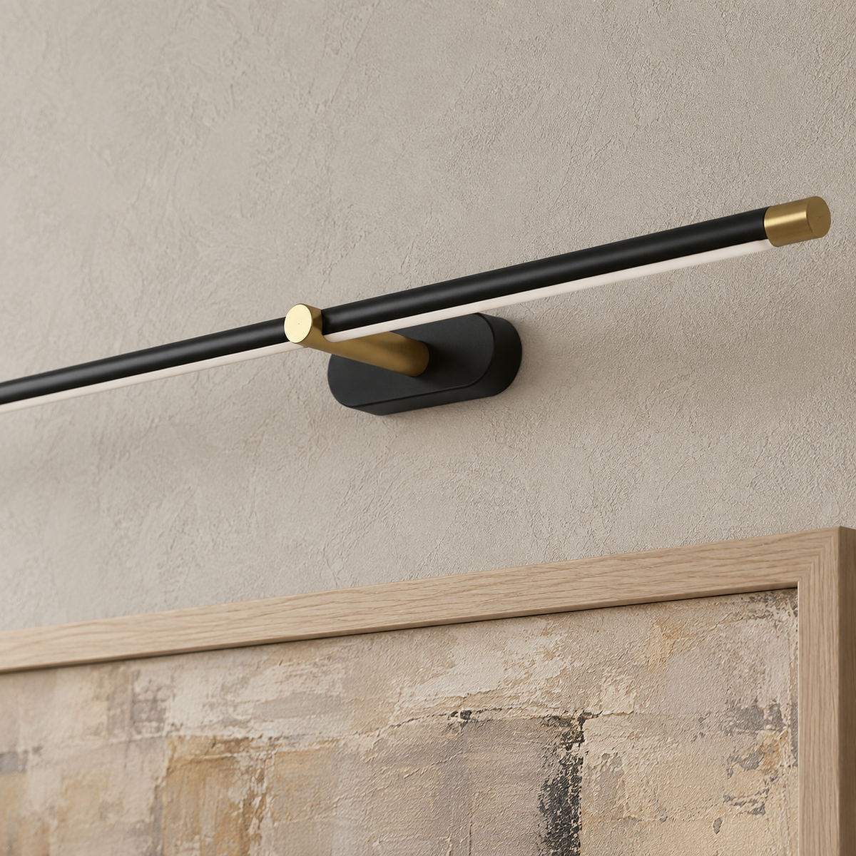 Telavvo black & gold led wall sconce with support and underside diffuser shown in close detail #color_black & gold