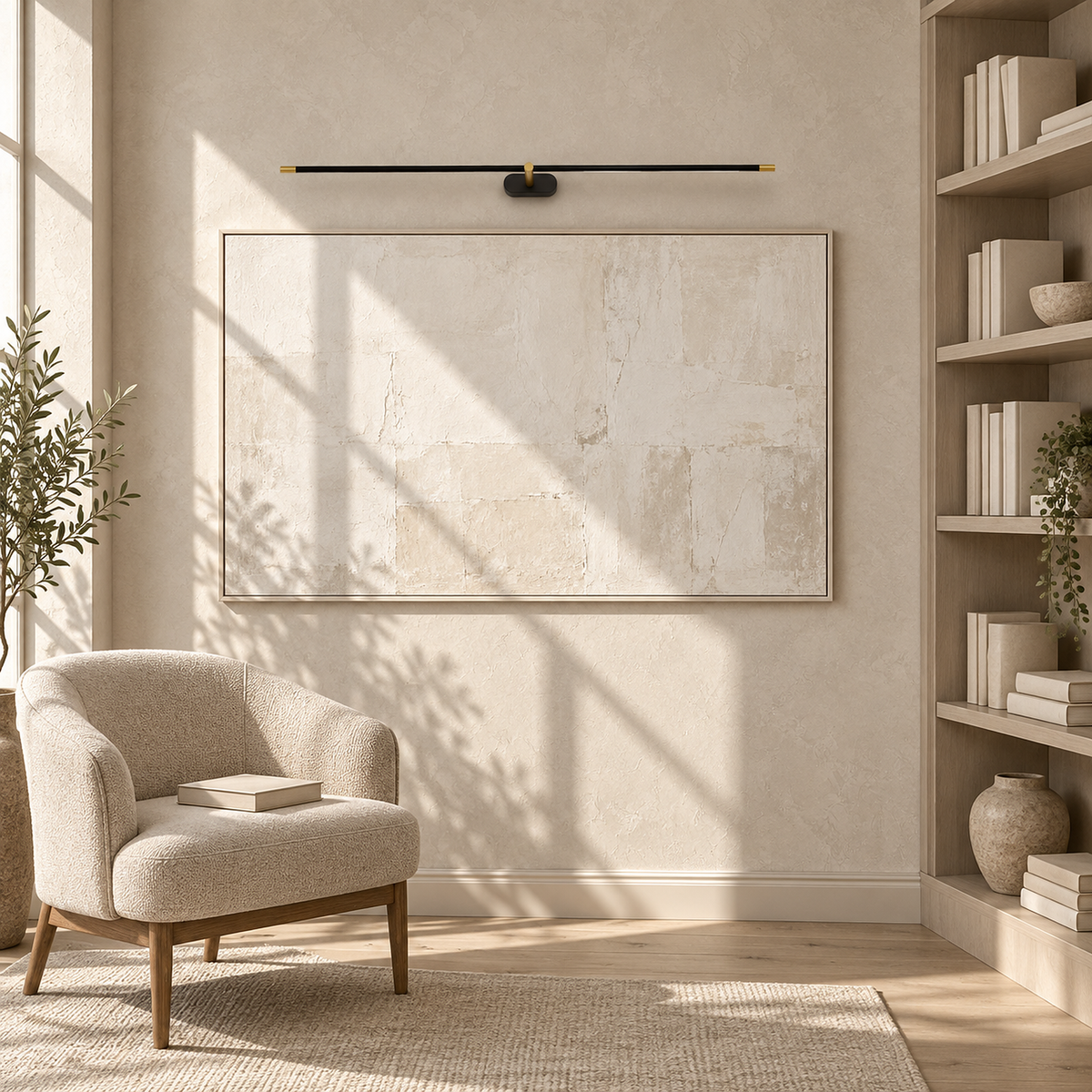 Telavvo black & gold rechargeable wall sconce unlit above library artwork in direct sun #color_black & gold