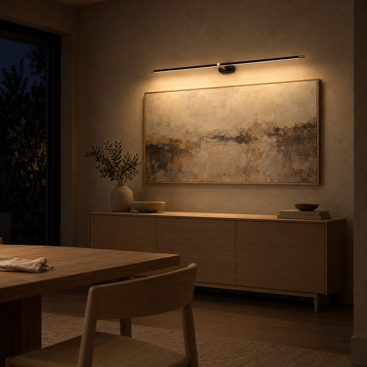 Telavvo black & gold wireless wall light casting a warm wash across dining room artwork at night
