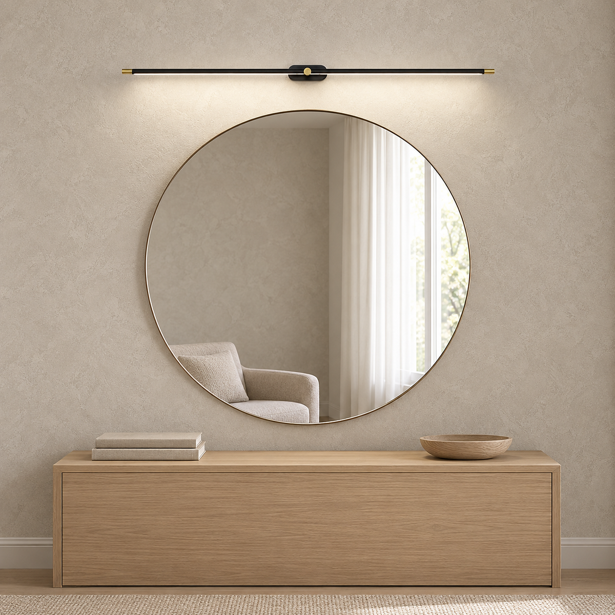 Telavvo black & gold wireless wall light casting neutral white light above a sitting room mirror #color_black & gold