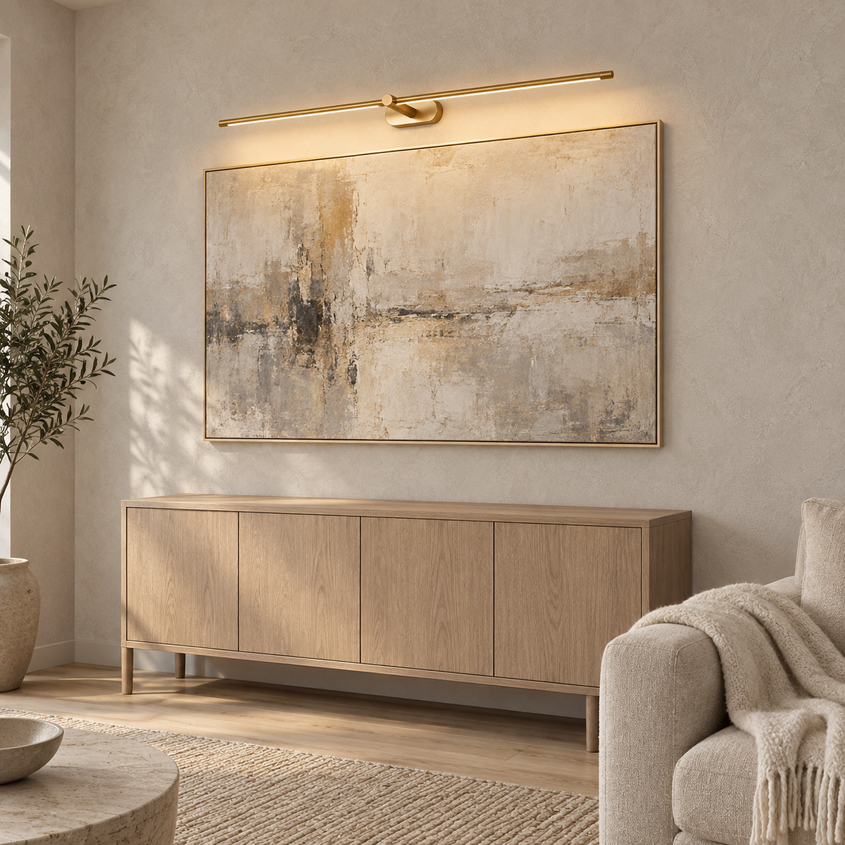 Telavvo gold battery operated wall sconce casting warm light over living room artwork #color_gold