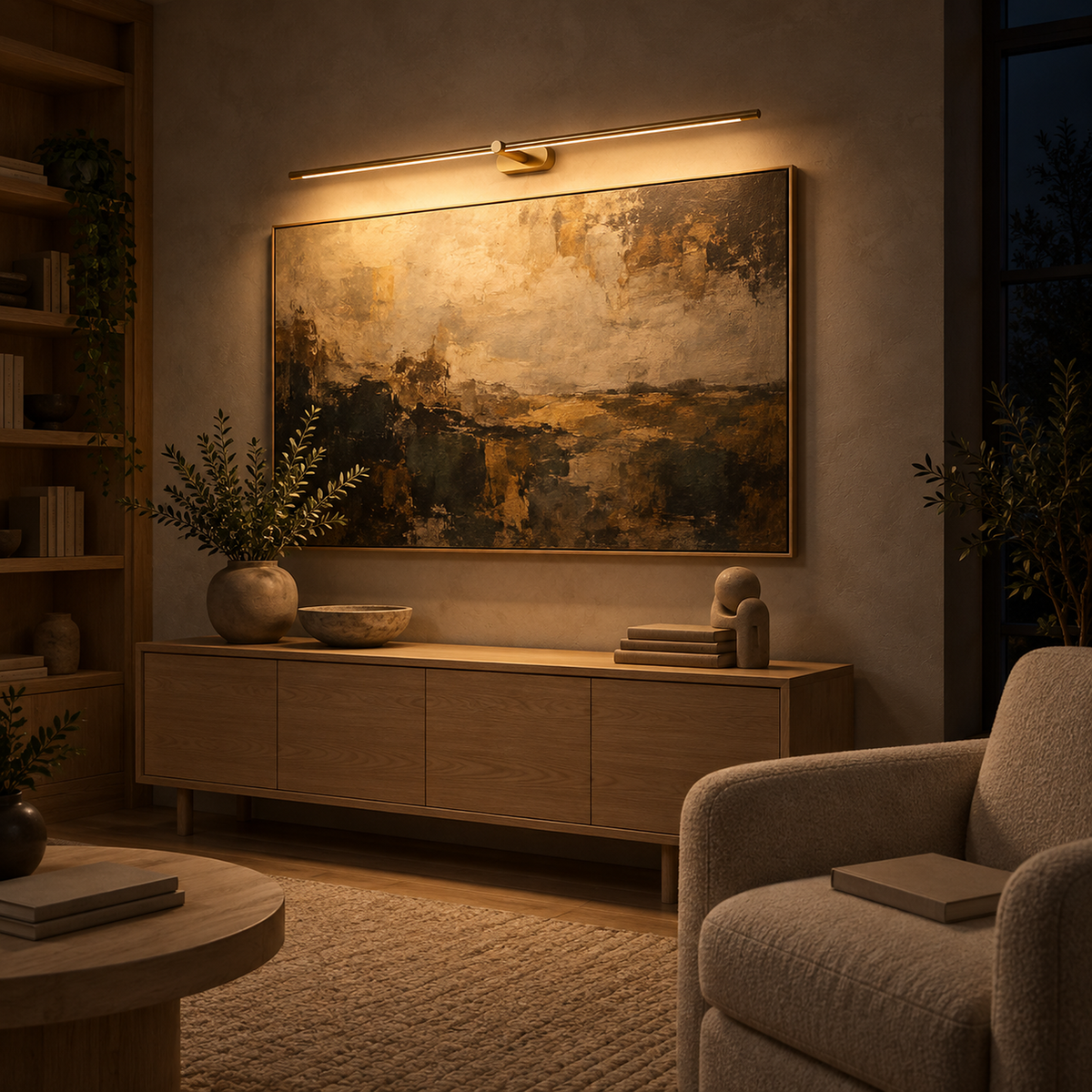 Telavvo gold cordless wall lamp illuminating a library painting with warm light at night #color_gold