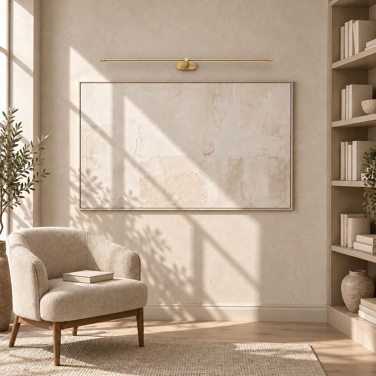 Telavvo gold cordless wall lamp switched off above artwork in a sunny sitting room #color_gold
