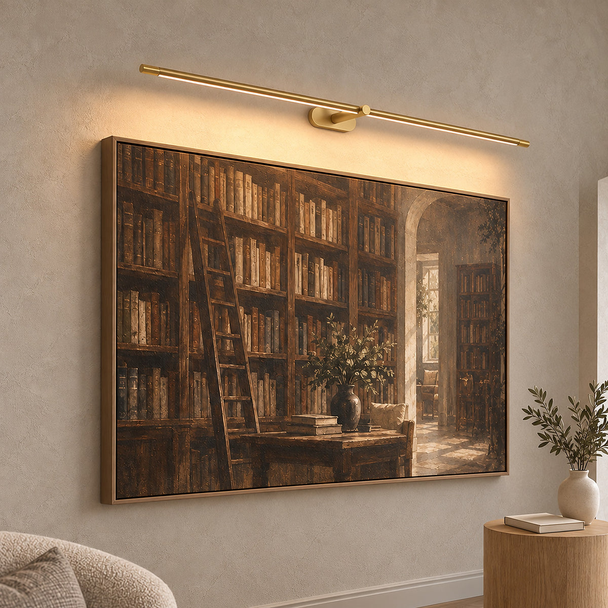 Telavvo gold wireless wall light lighting a library painting in daylight #color_gold