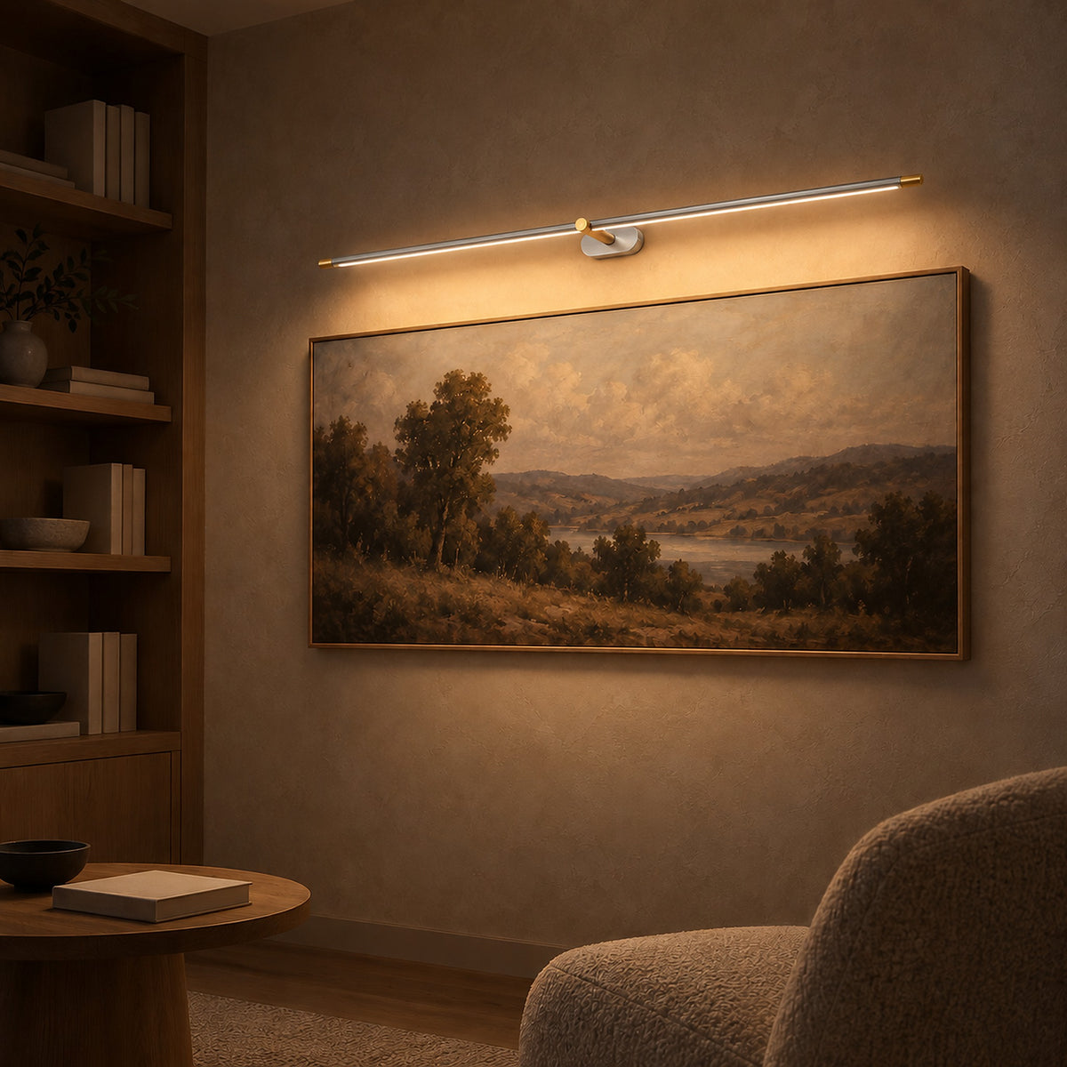 Telavvo nickel & gold cordless wall lamp casting warm light over library artwork #color_nickel & gold