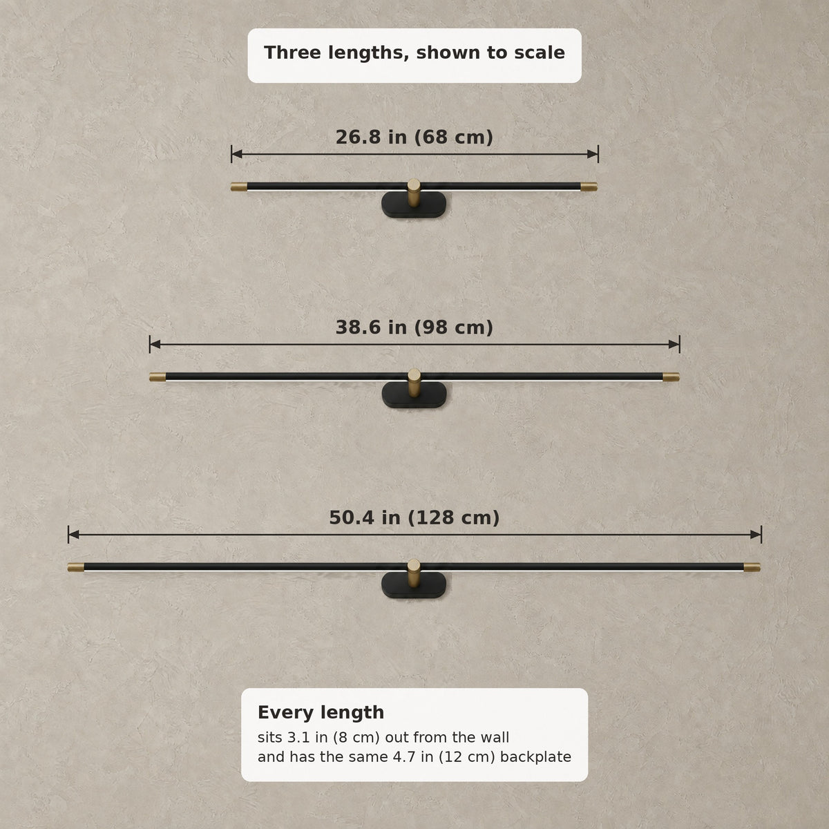 Telavvo wall sconce lengths to scale: 26.8 in (68 cm), 38.6 in (98 cm) and 50.4 in (128 cm), each 3.1 in (8 cm) from the wall