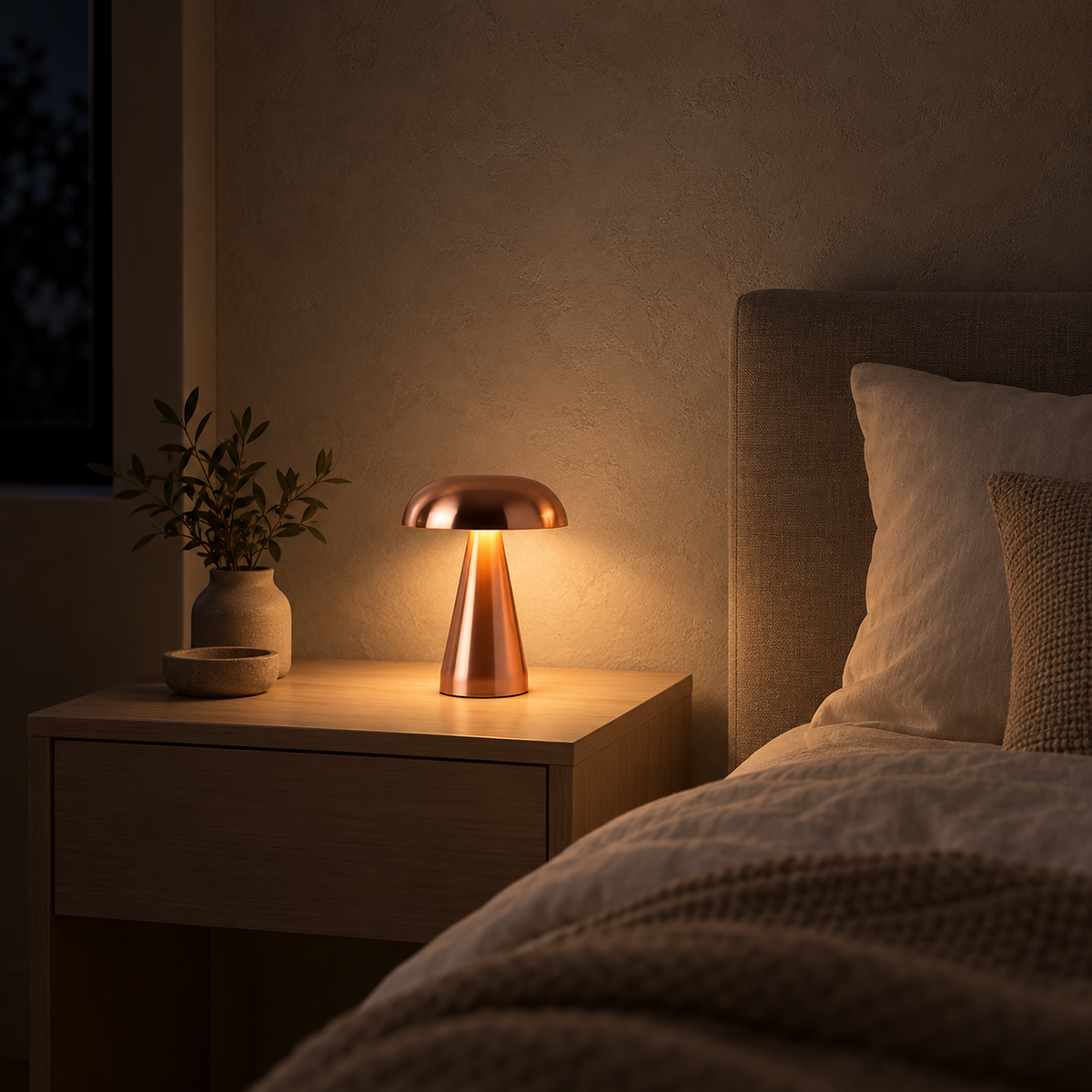Telirra copper bedside lamp casting warm light beside ivory bedding at night #color_copper