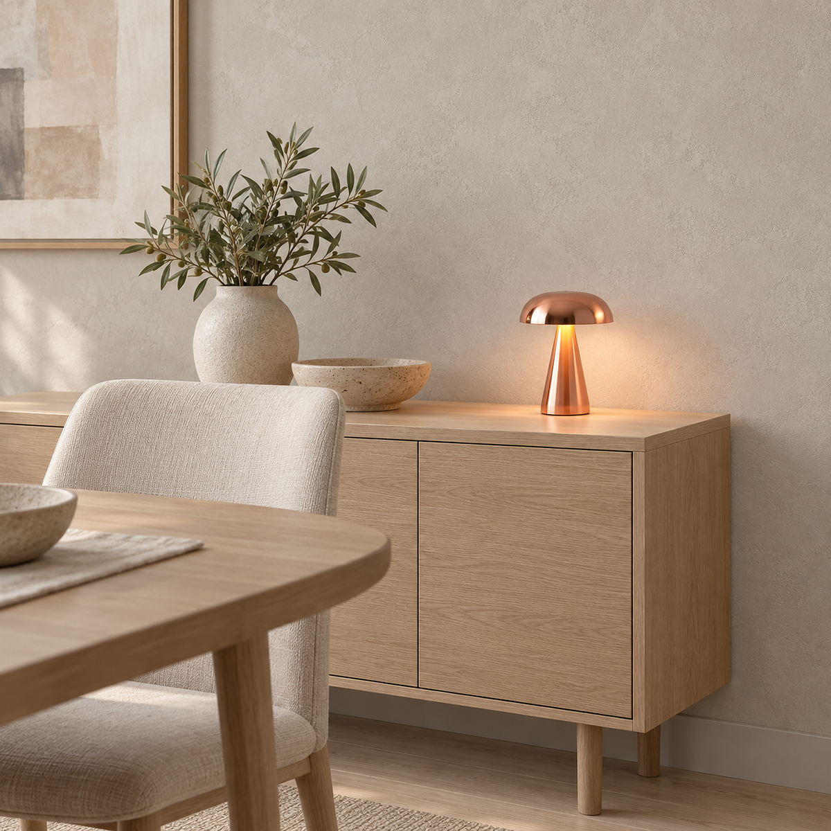 Telirra copper table lamp glowing on a dining room sideboard in daylight #color_copper
