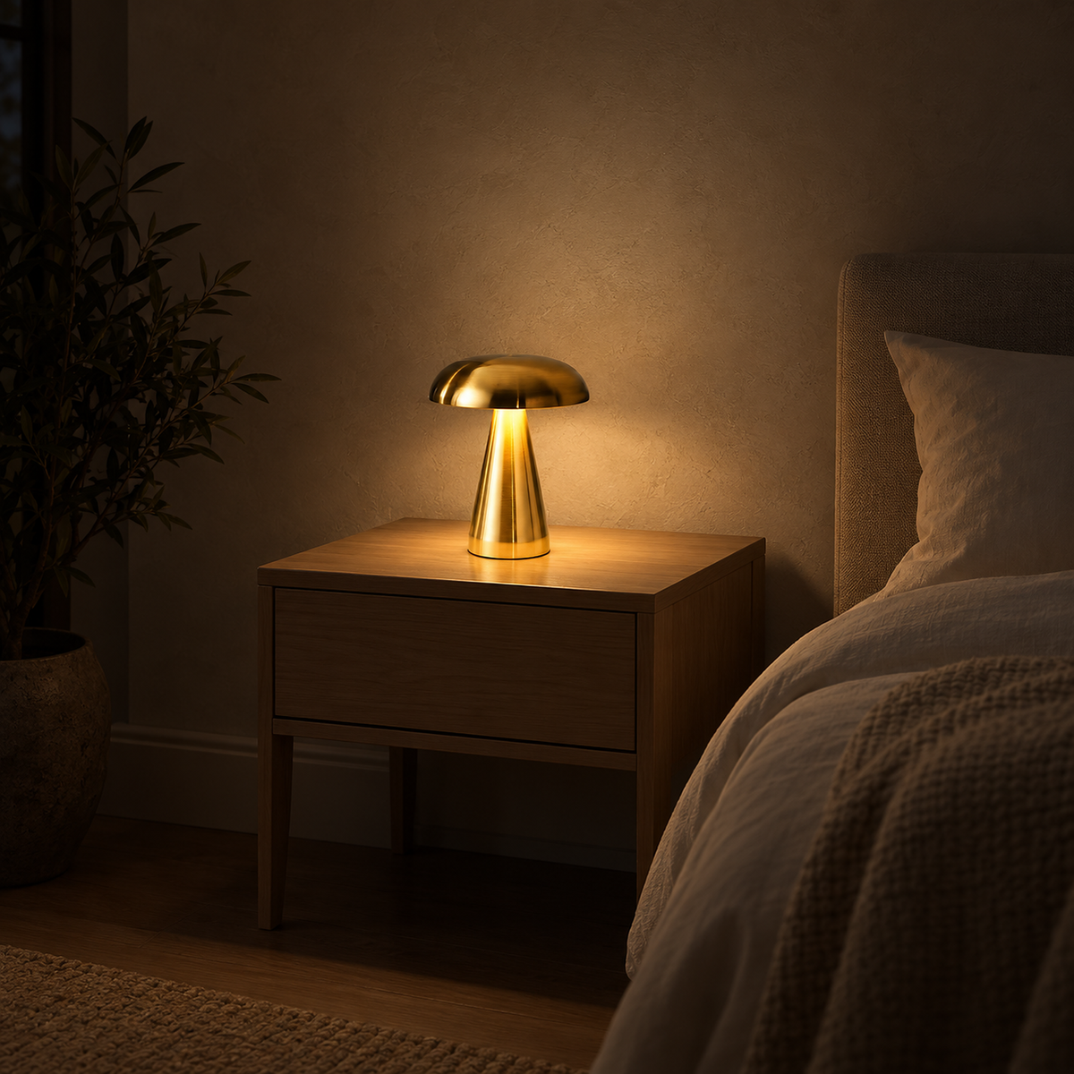 Telirra gold battery operated table lamp glowing alone on a bedroom nightstand