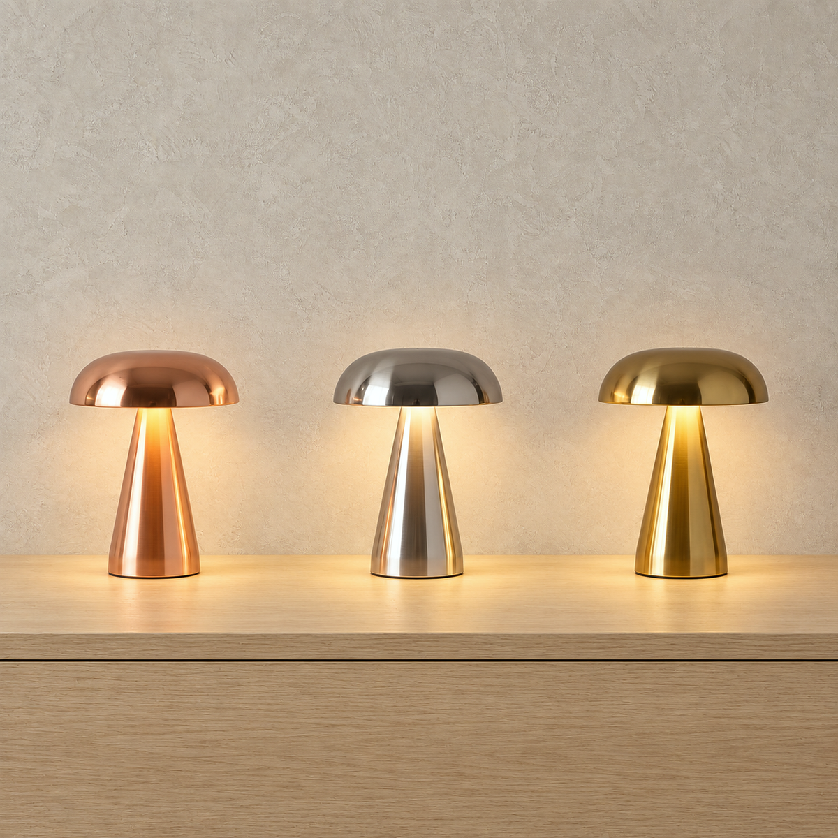 Telirra gold, copper and silver portable table lamps glowing side by side