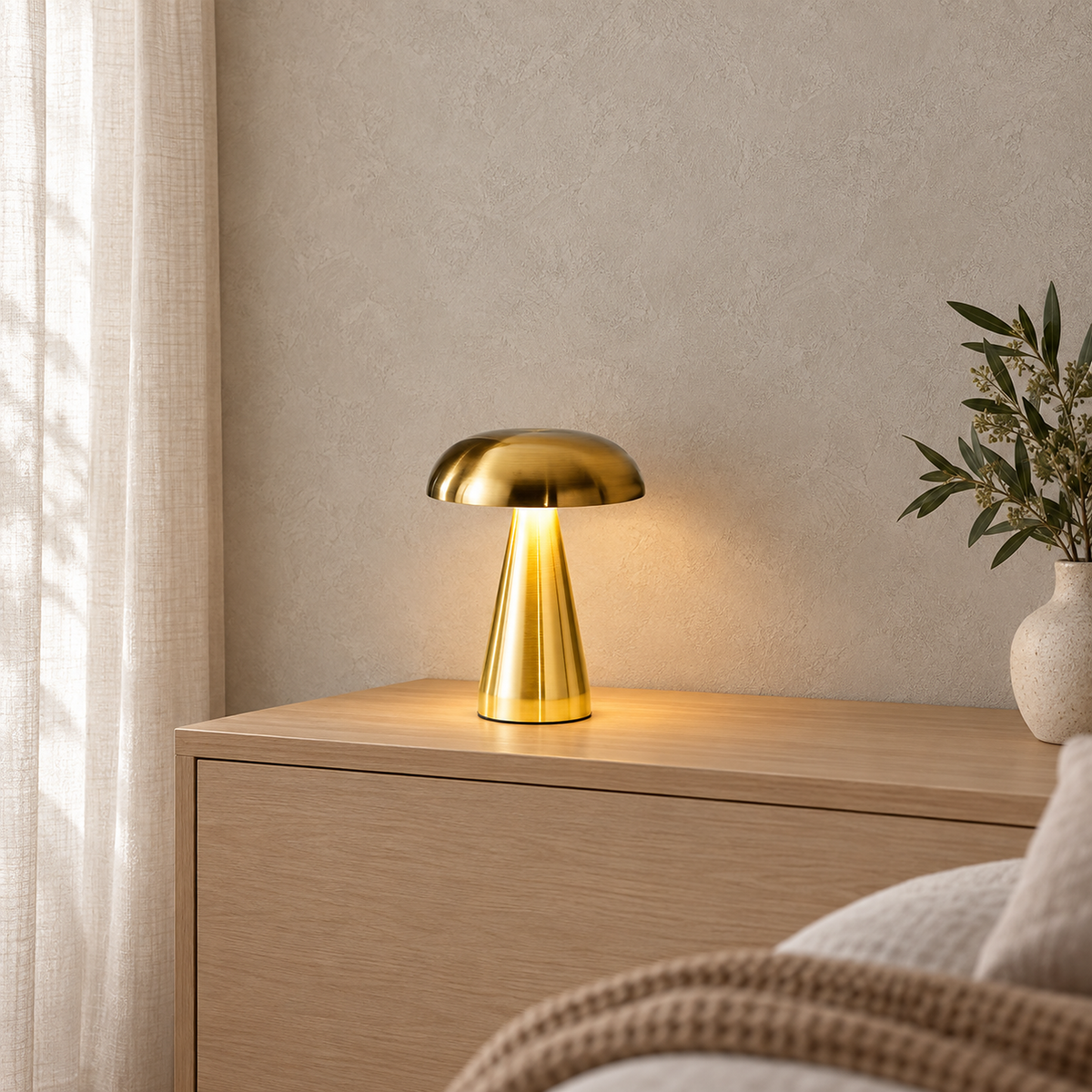 Telirra gold table lamp glowing on a clear console in a bedroom nook
