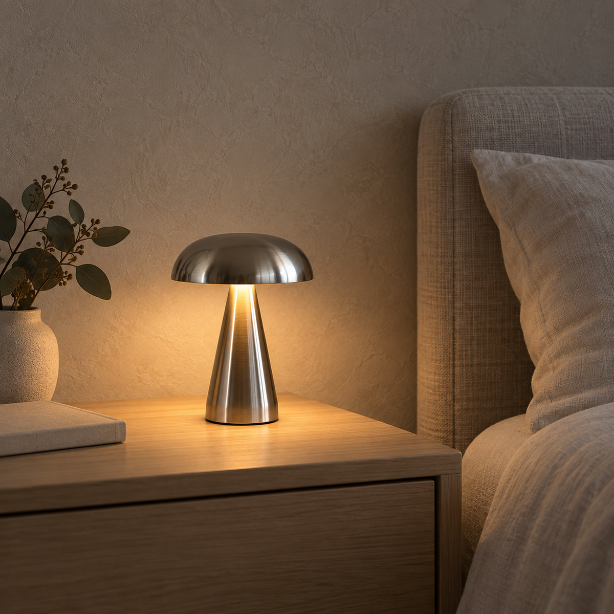 Telirra silver bedside lamp giving a warm late afternoon accent in a bedroom #color_silver