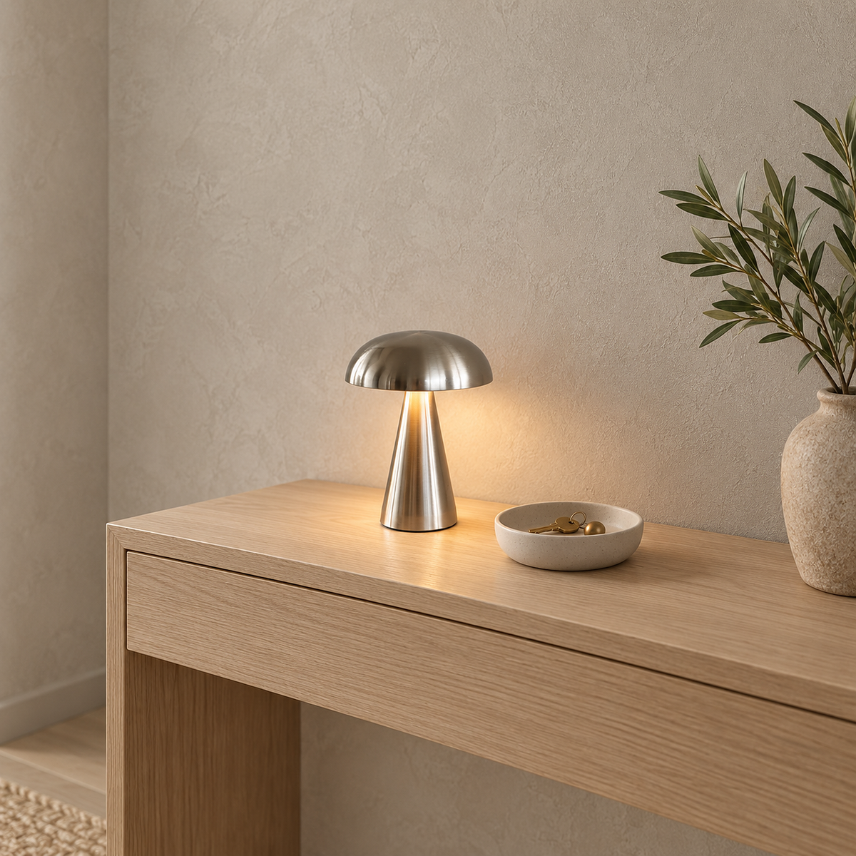 Telirra silver cordless table lamp lighting a console in a bright entryway #color_silver