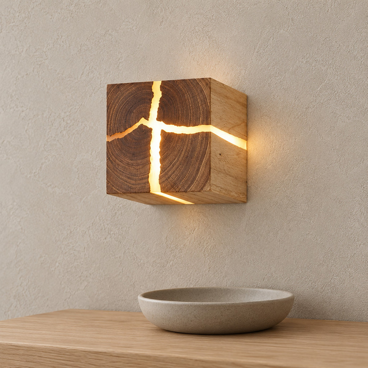 Temalio natural wood bedside wall light glowing warm above a bedside surface in a bedroom corner