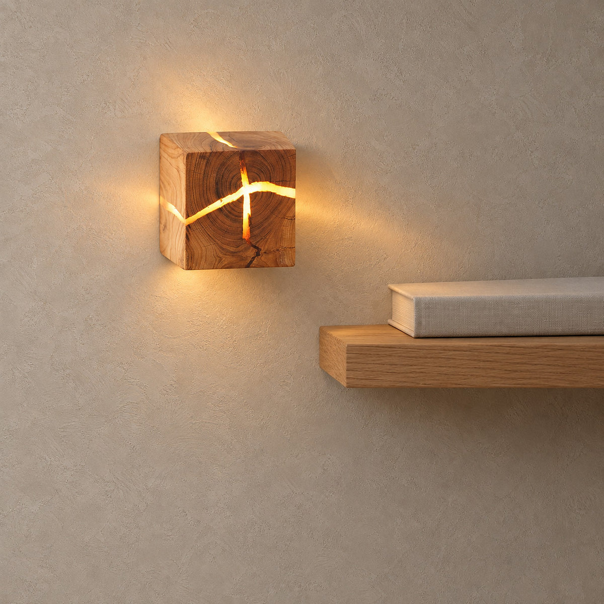 Temalio natural brown wood look cube wall light glowing through cracks on a beige wall beside a wooden shelf.