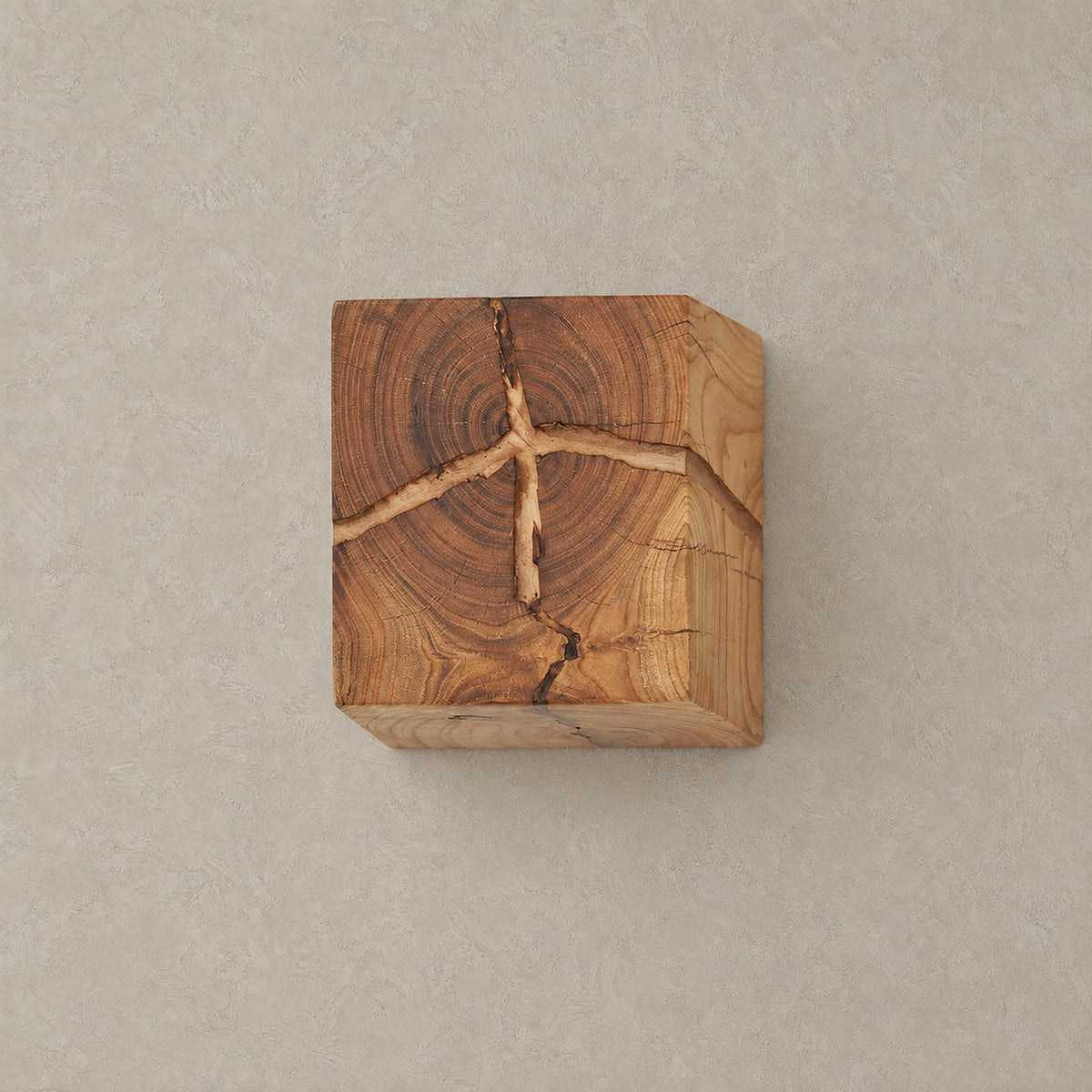 Temalio natural wood hardwired wall sconce switched off, a small solid wood cube on a plain backdrop