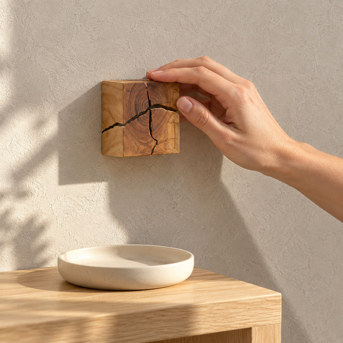 Temalio natural wood hardwired wall sconce switched off on an entryway wall in direct daylight
