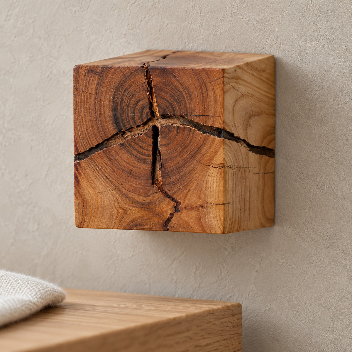 Temalio natural wood wall lamp switched off, a close look at the solid wood end grain