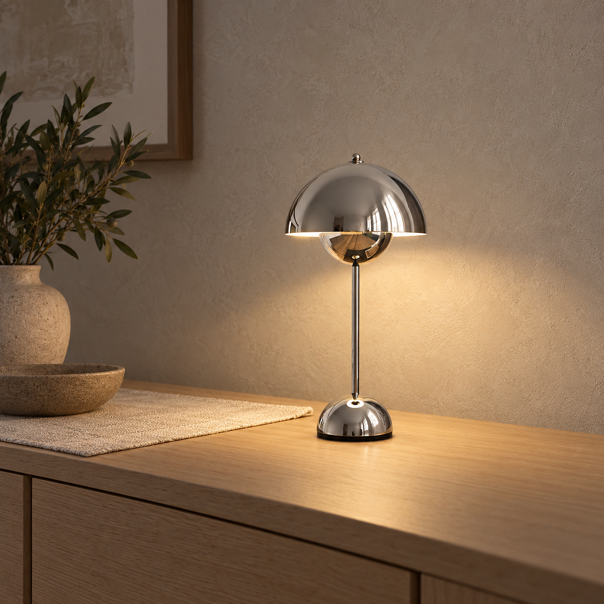 Temalor silver battery operated table lamp on its compact freestanding base, 10.5 cm across