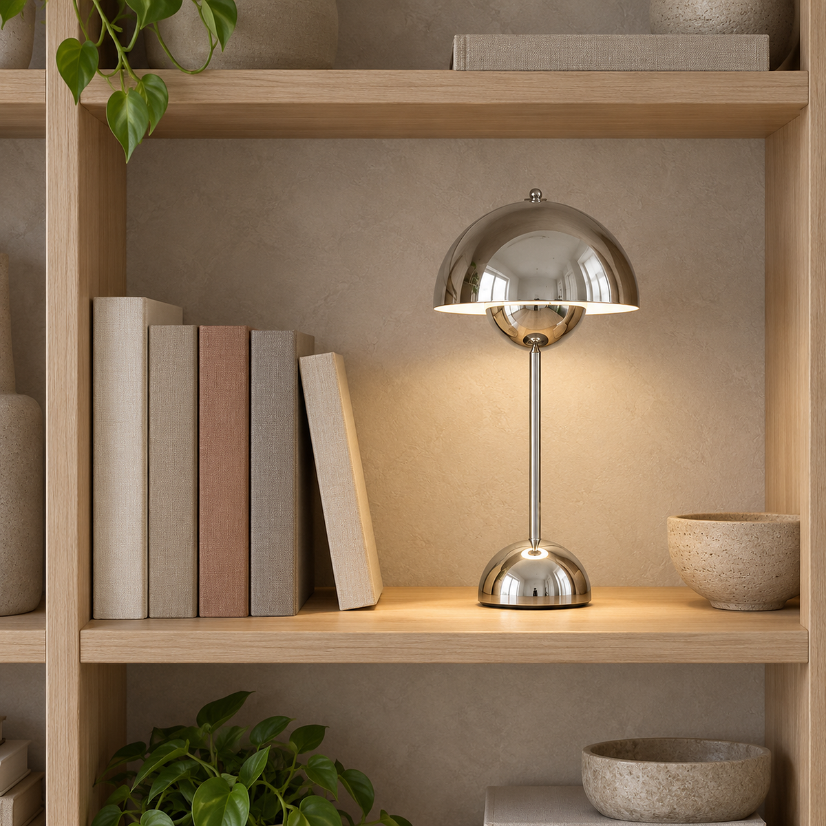 Temalor silver LED desk lamp fitting beside books on a home office bookshelf