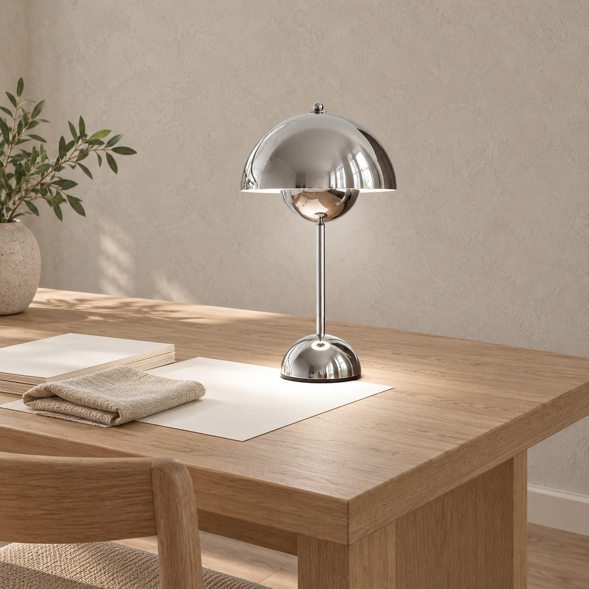 Temalor silver rechargeable table lamp casting white light in a craft room by day