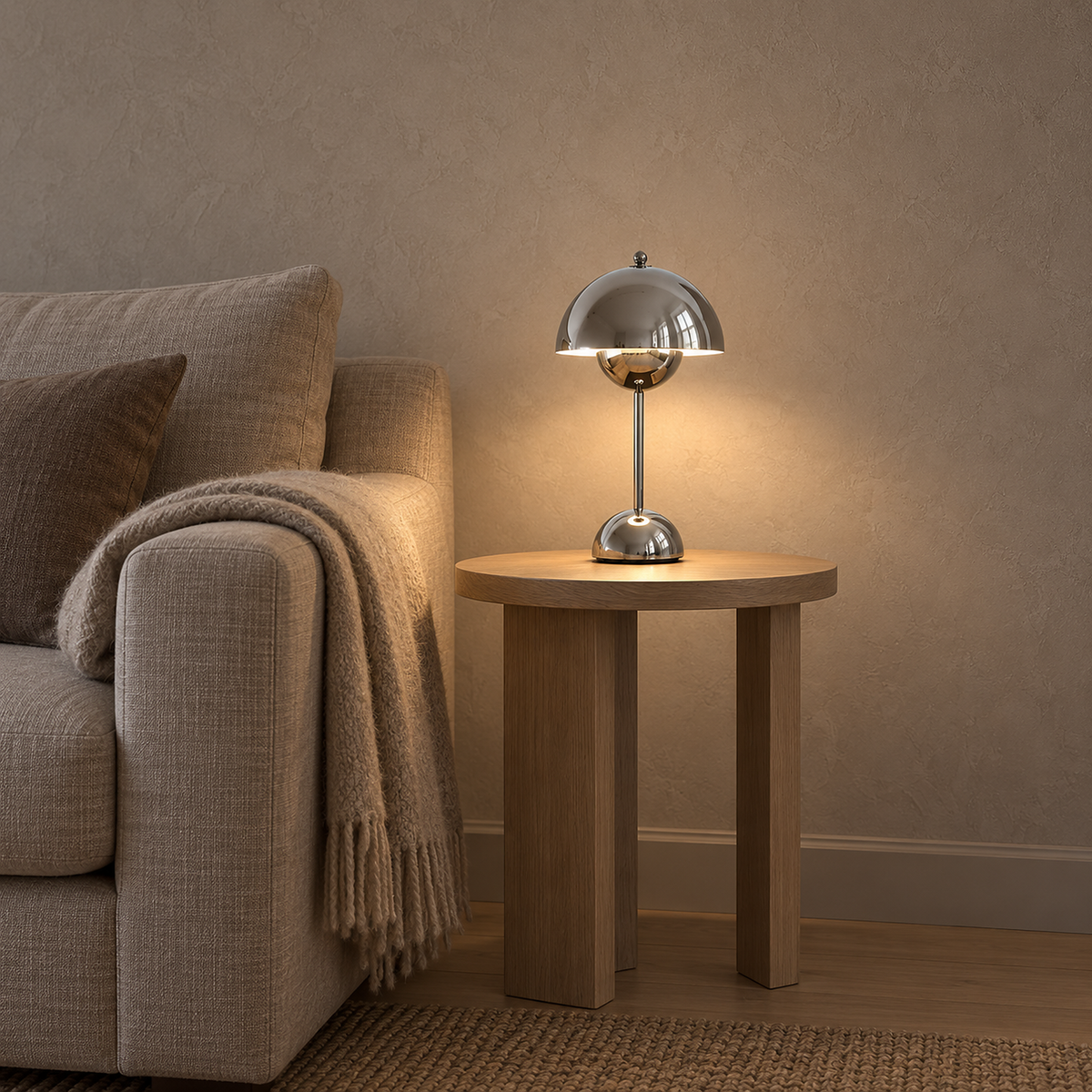 Temalor silver table lamp glowing beside an oatmeal sofa in a living room