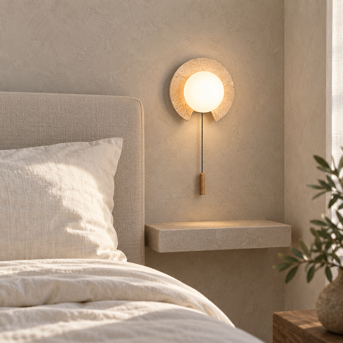 Teselma beige and white bedside wall light showing its hanging handle beside a headboard