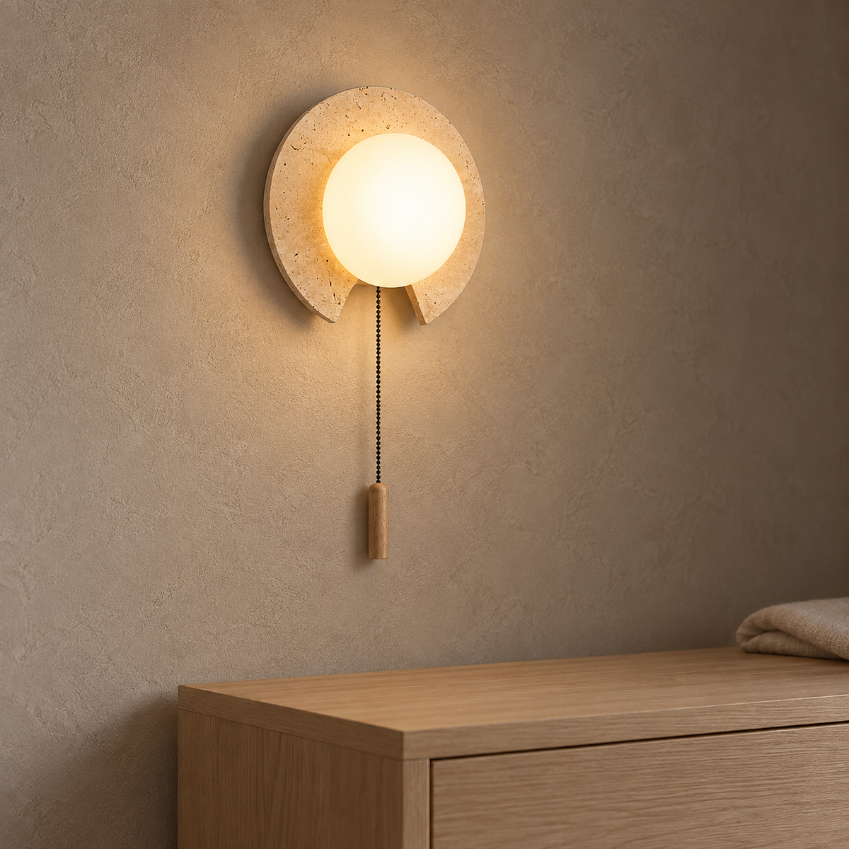 Teselma beige and white wall light illuminating the textured stone around its globe
