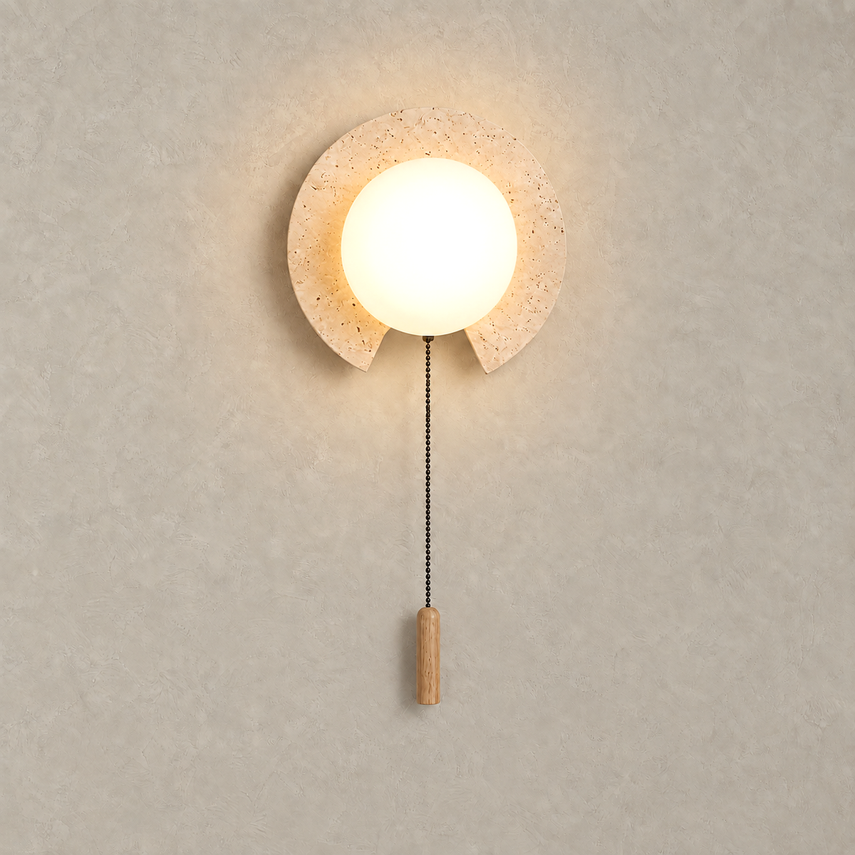 Teselma beige and white wall sconce glowing gently against a plaster wall