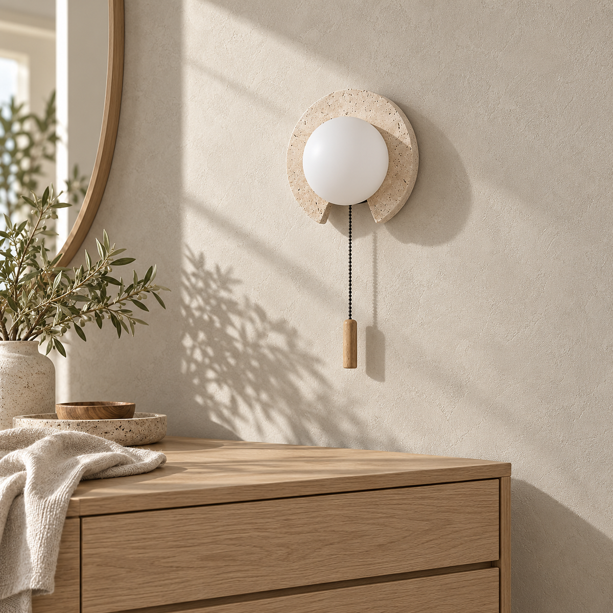 Teselma beige and white wall sconce unlit above a dresser in direct daylight