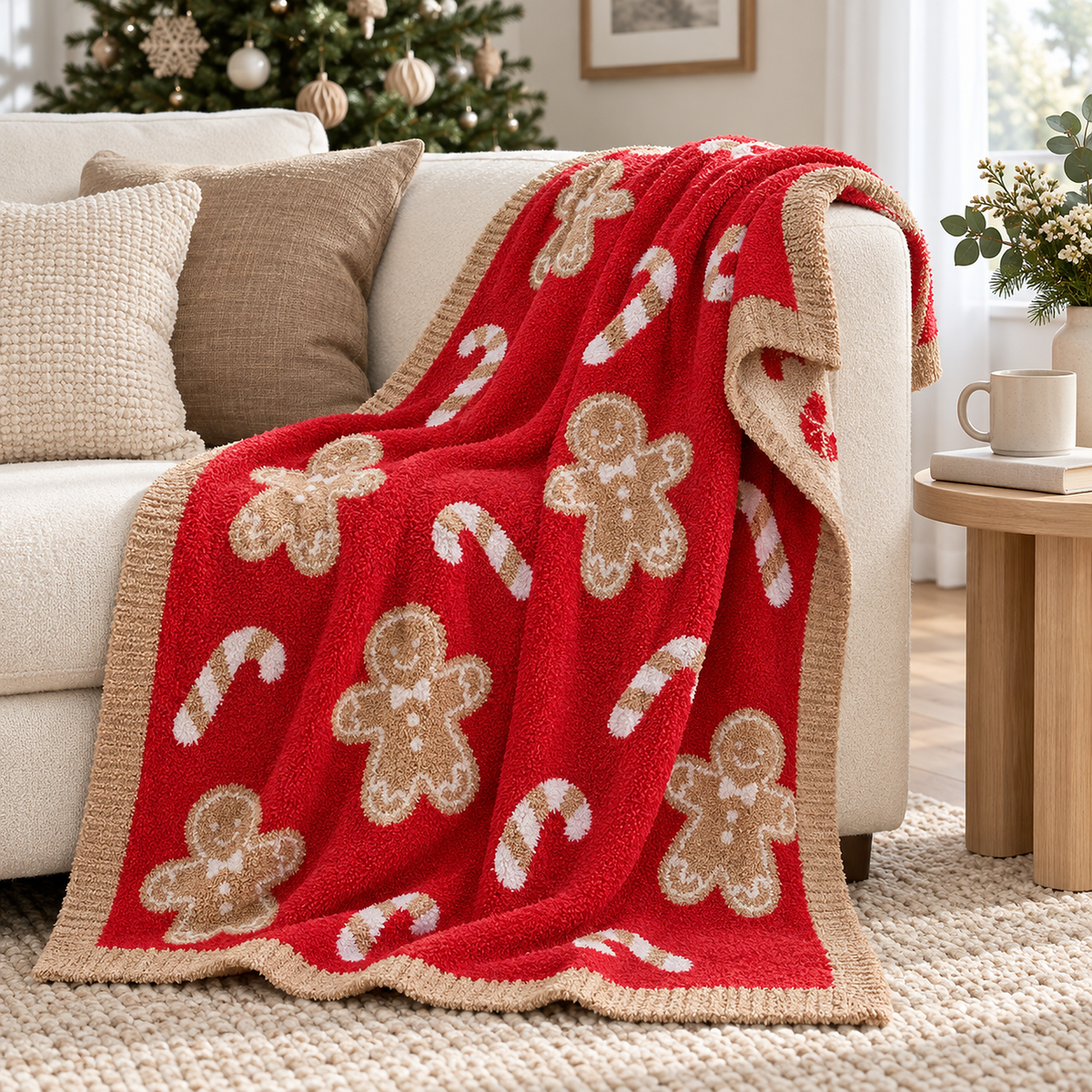 Tesmira red gingerbread man candy cane throw blanket for couch draped open over an ivory sofa arm