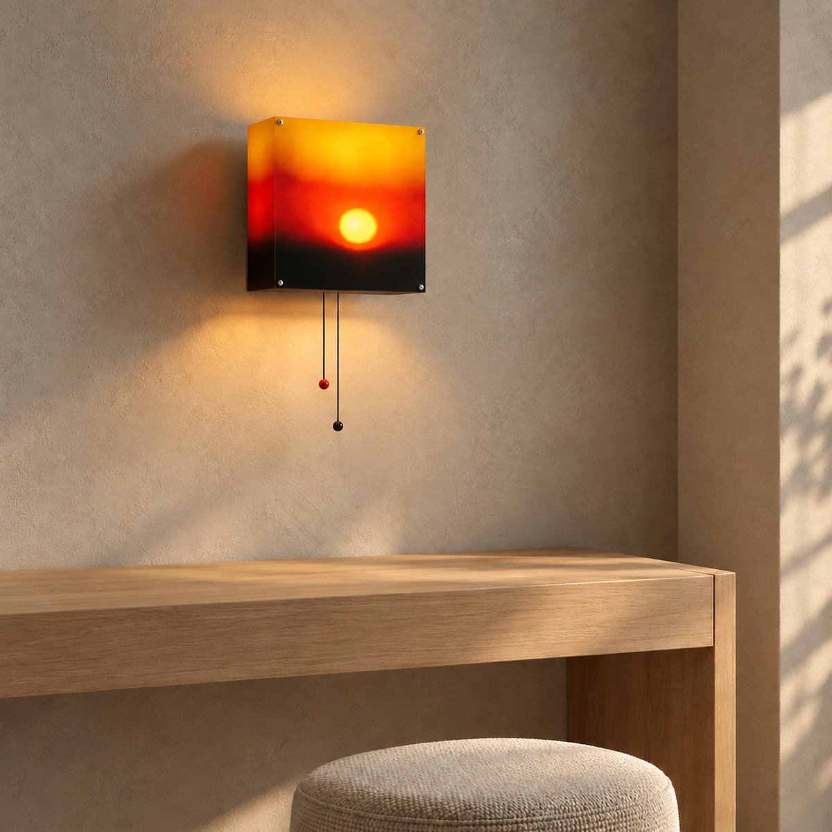 Tesolla sunset orange battery operated wall sconce lit in a dressing room with pull cords hanging free