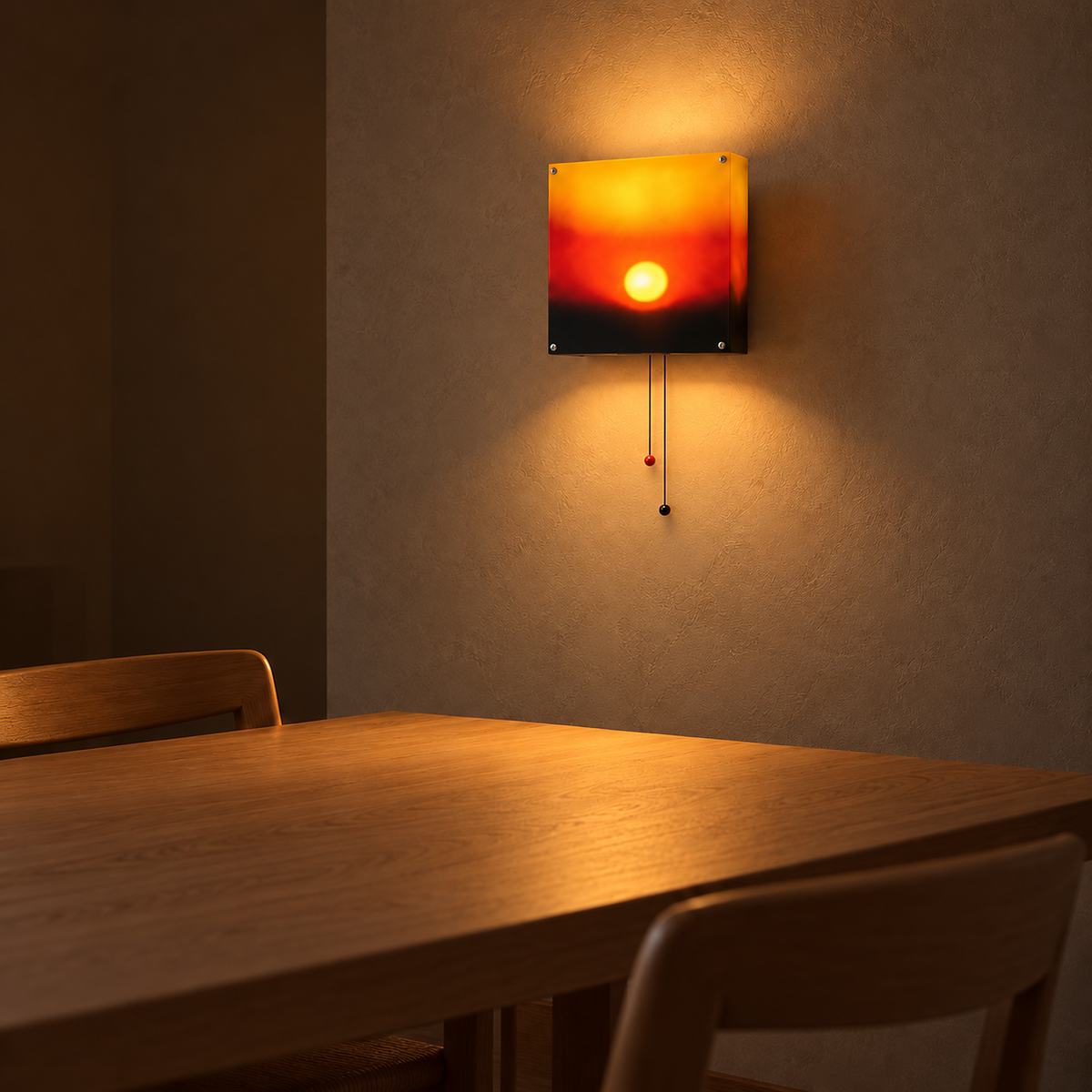 Tesolla sunset orange cordless wall lamp glowing warm across a dark dining room at night