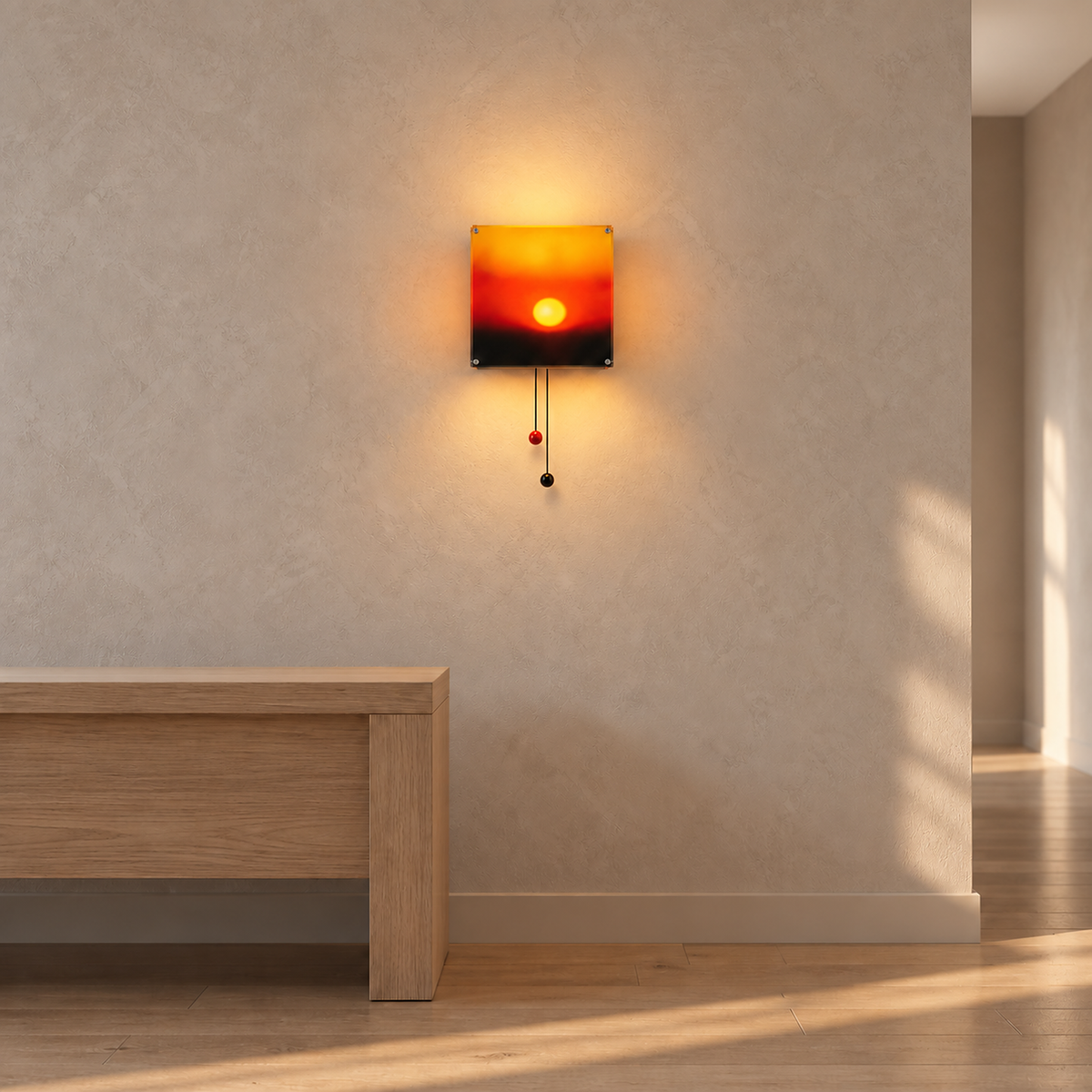 Tesolla sunset orange LED wall sconce lit on a hallway wall with both pull cords visible