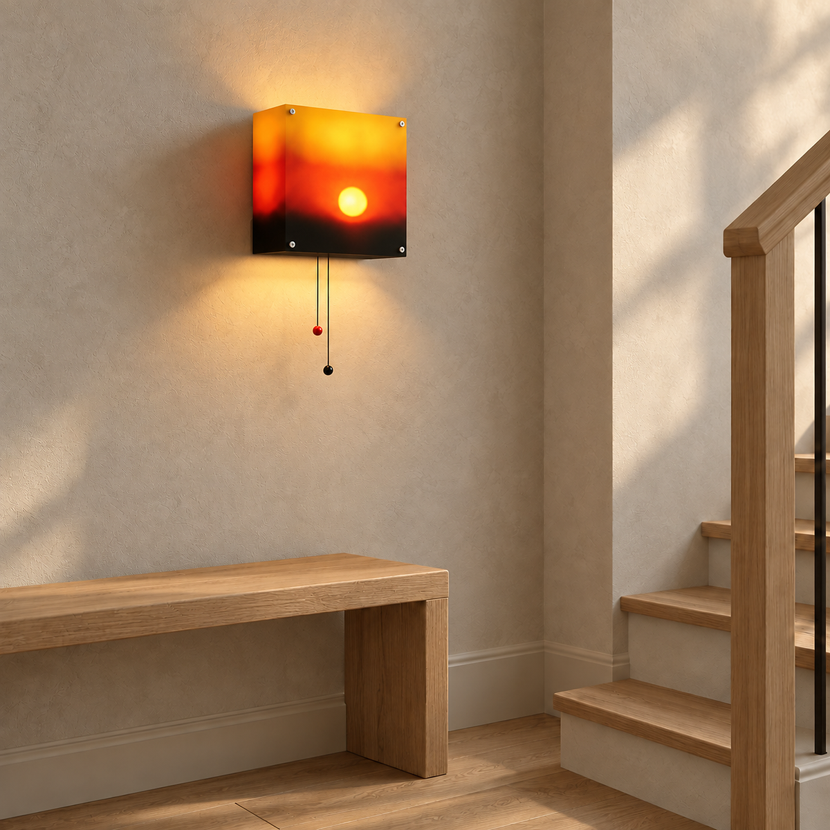 Tesolla sunset orange LED wall sconce seen from the side glowing on a stair landing wall