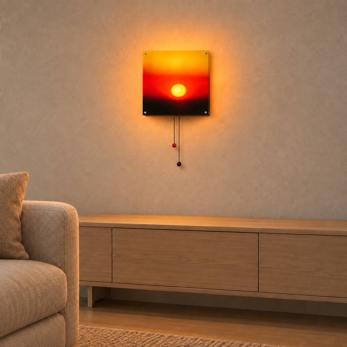 Tesolla sunset orange rechargeable wall sconce glowing on a living room wall with two pull cords