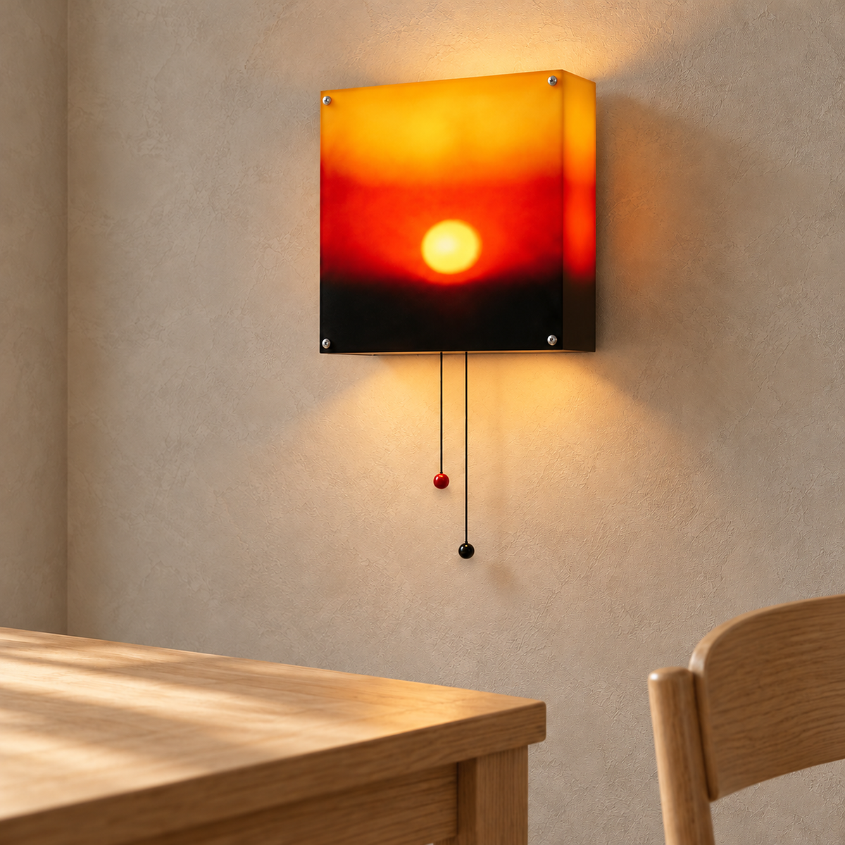 Tesolla sunset orange rechargeable wall sconce glowing beside a dining table in daylight