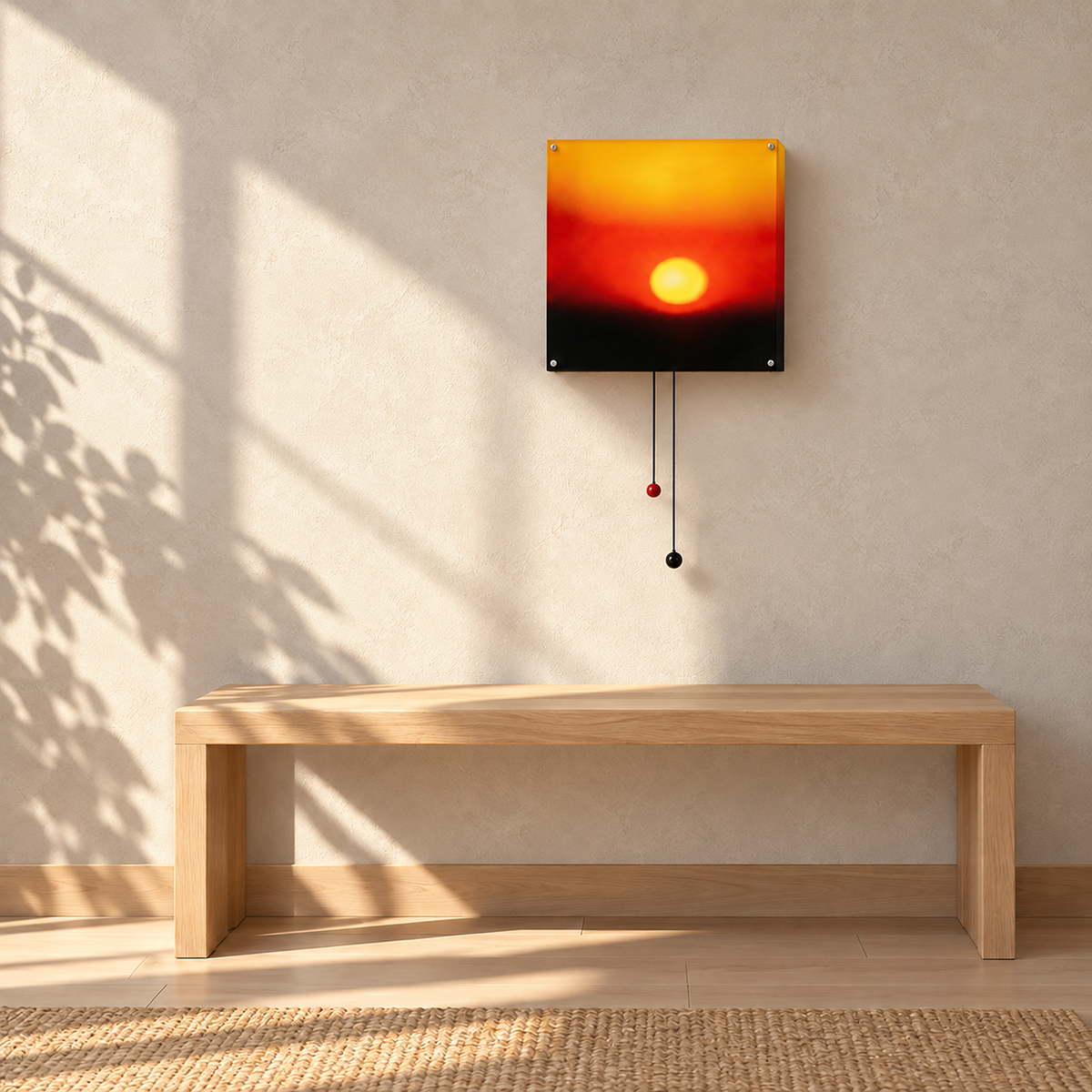 Tesolla sunset orange wireless wall light above a sunlit entryway bench
