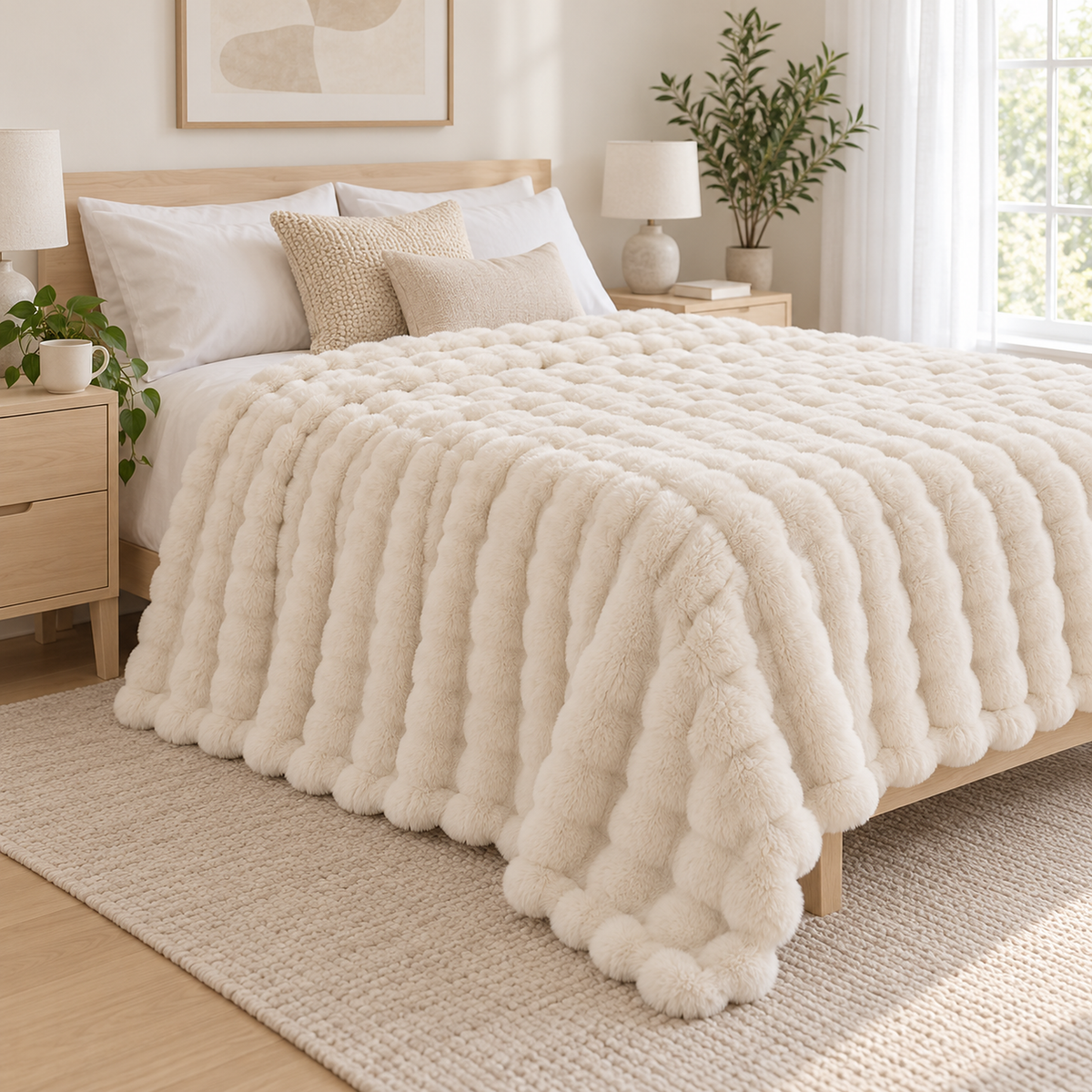 Tesovira coral fleece blanket in beige layered across a bright queen bed with its striped pile on top #color_beige