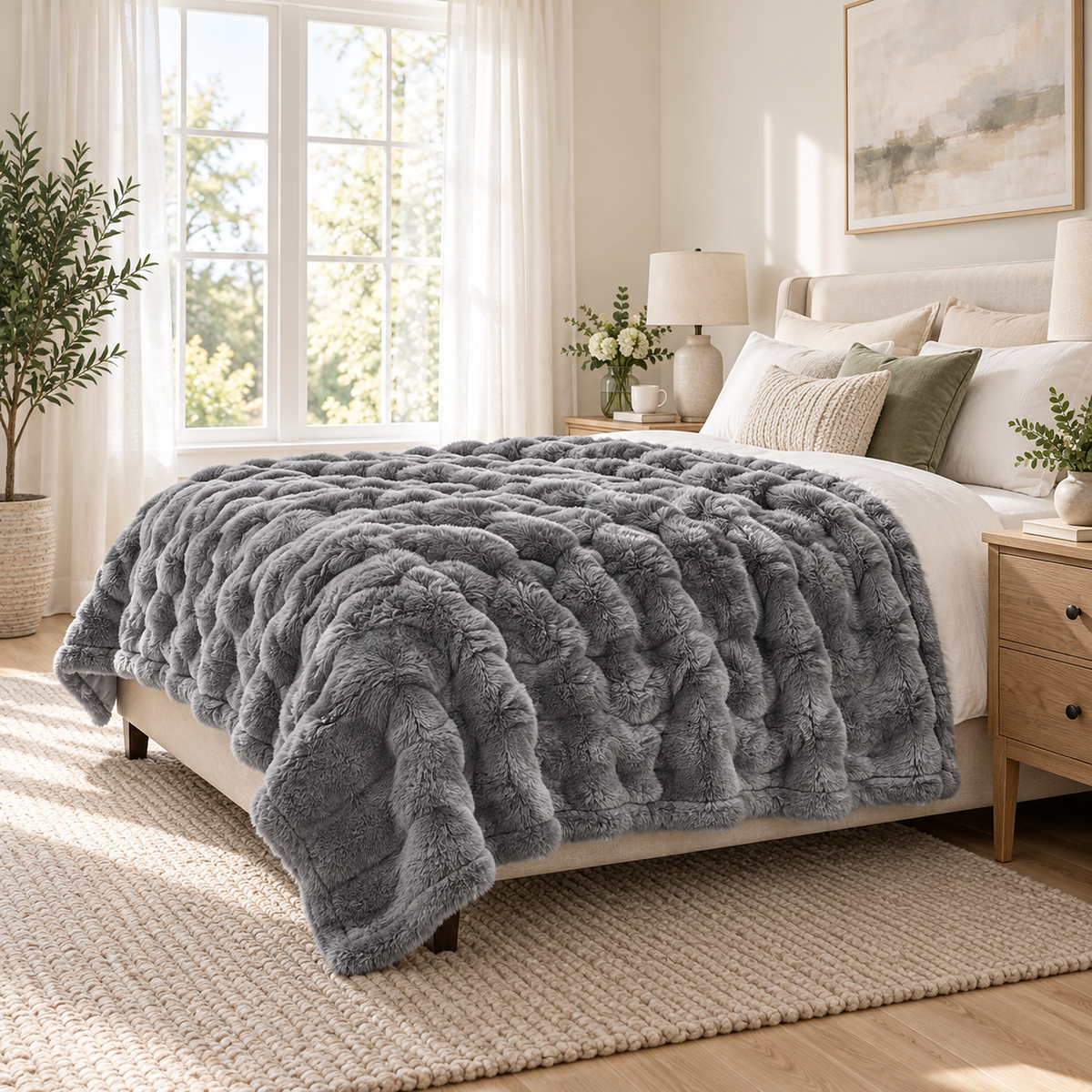 Tesovira coral fleece blanket in gray, a fleece throw blanket hanging past a queen mattress in a guest bedroom