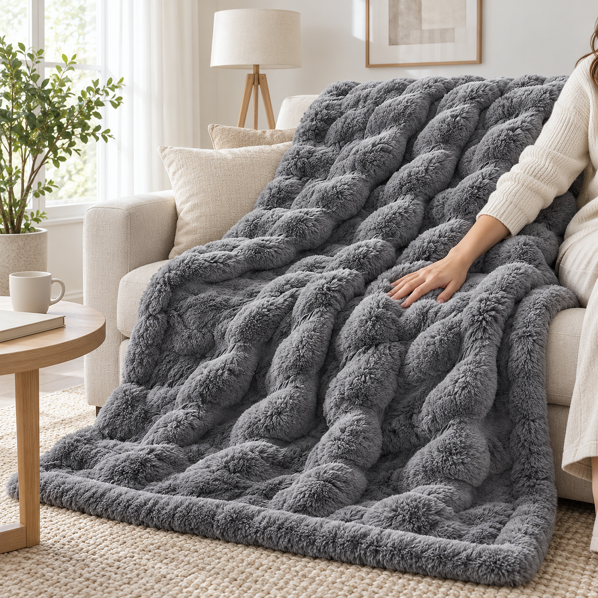 Tesovira coral fleece blanket in gray, a soft throw blanket with adult fingers pressing into the plush pile